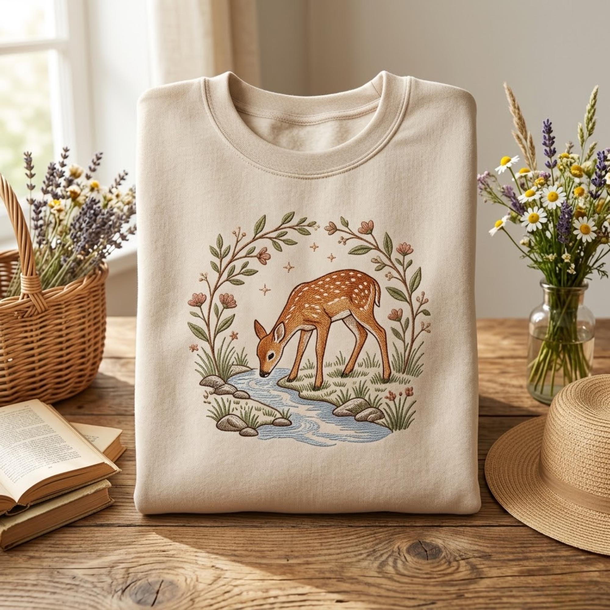 Deer and Floral Embroidery Sweatshirt Soft Unisex Crewneck with Nature Inspired Design Perfect for Fall and Nature Loving Friends