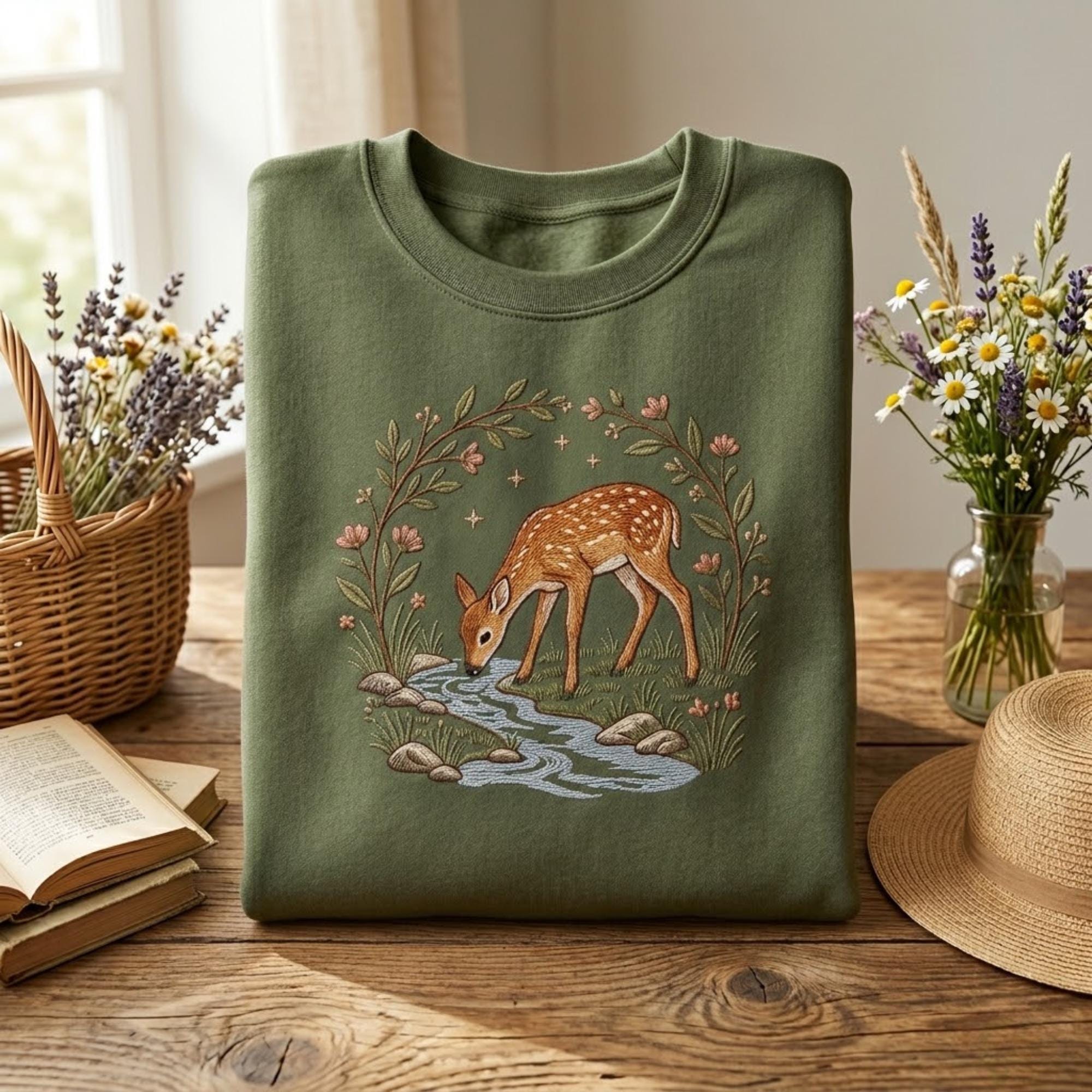Deer and Floral Embroidery Sweatshirt Soft Unisex Crewneck with Nature Inspired Design Perfect for Fall and Nature Loving Friends