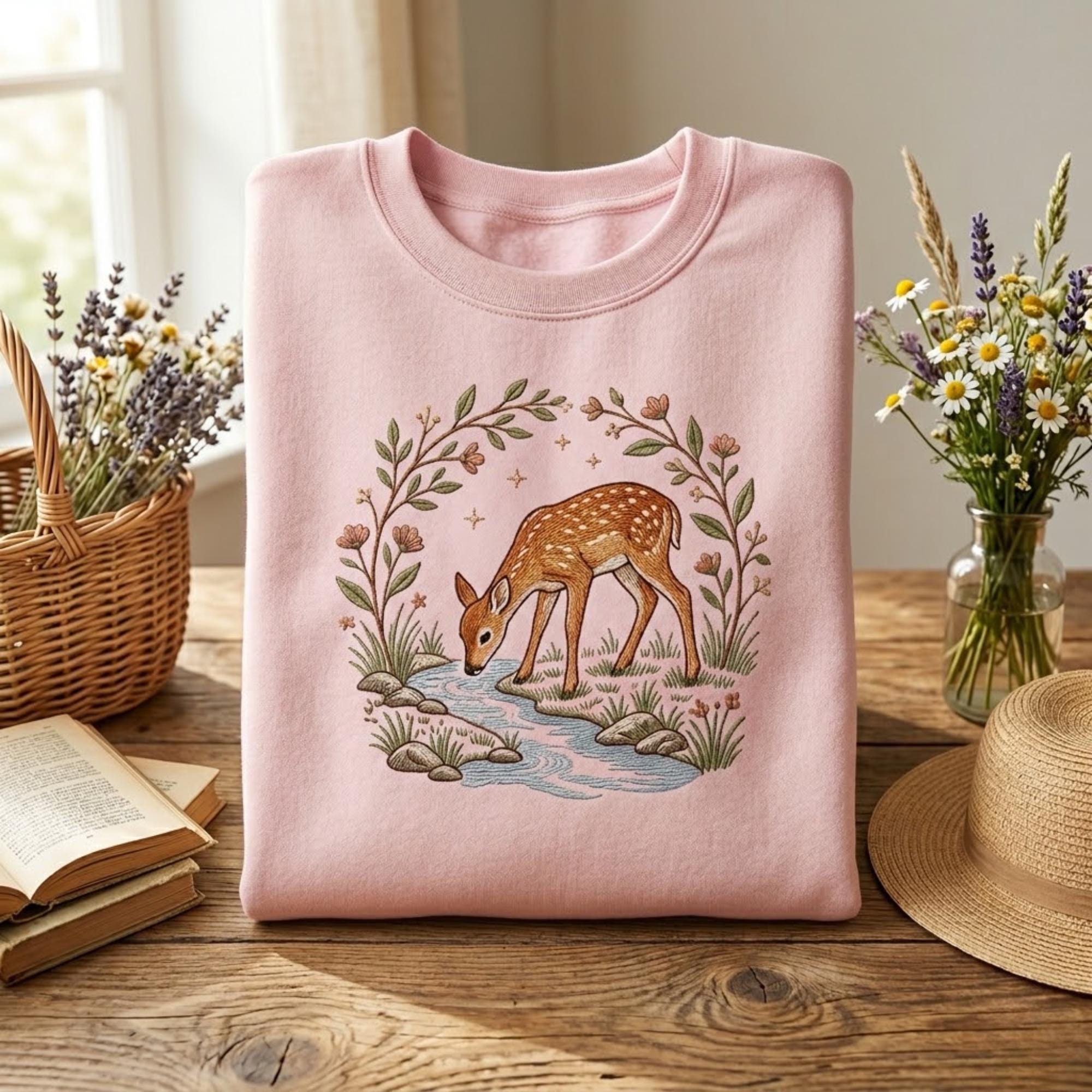 Deer and Floral Embroidery Sweatshirt Soft Unisex Crewneck with Nature Inspired Design Perfect for Fall and Nature Loving Friends