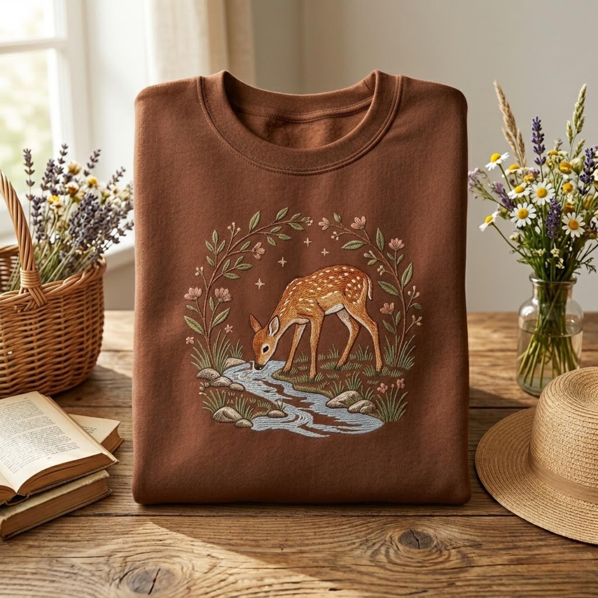 Deer and Floral Embroidery Sweatshirt Soft Unisex Crewneck with Nature Inspired Design Perfect for Fall and Nature Loving Friends