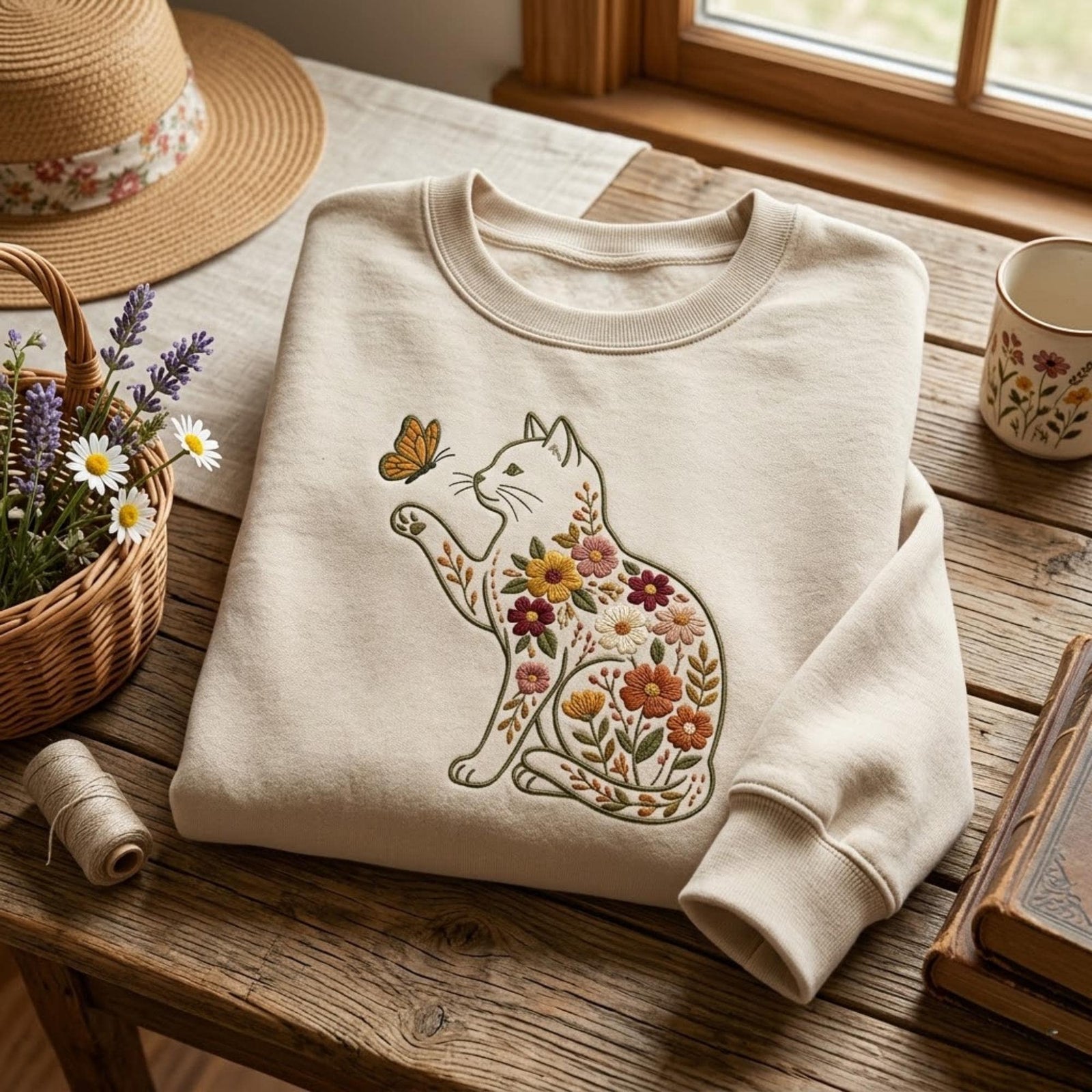 Floral Cat Embroidered Sweatshirt Cottagecore Cat Shirt Vintage Flower Kitten Crewneck Cute Animal Lover Gift Cozy Aesthetic Outfit