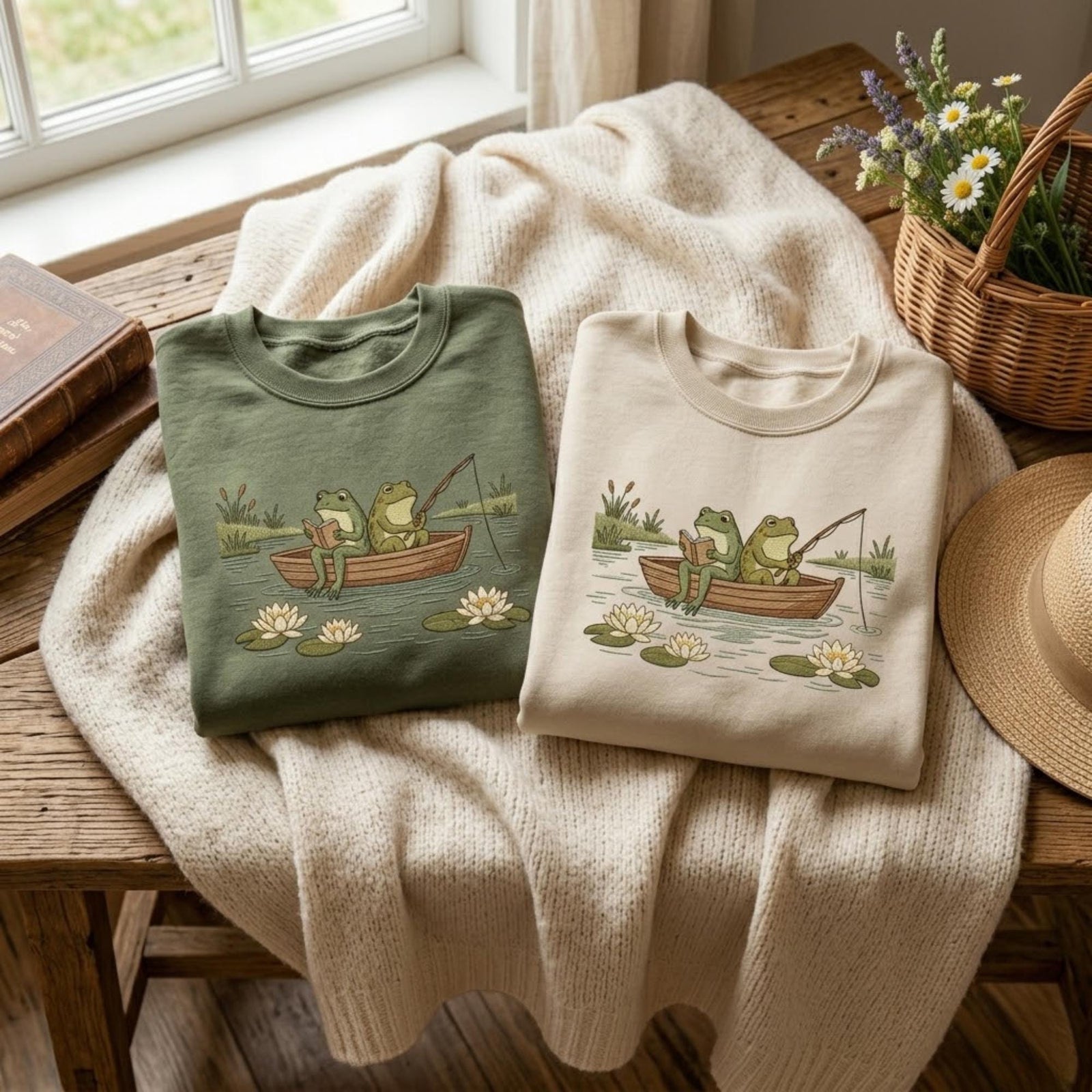 Cute Frog Reading Fishing Shirt Cottagecore Animal Sweatshirt Vintage Aesthetic Frog Illustration Nature Lover Gift Cozy Unisex Outfit
