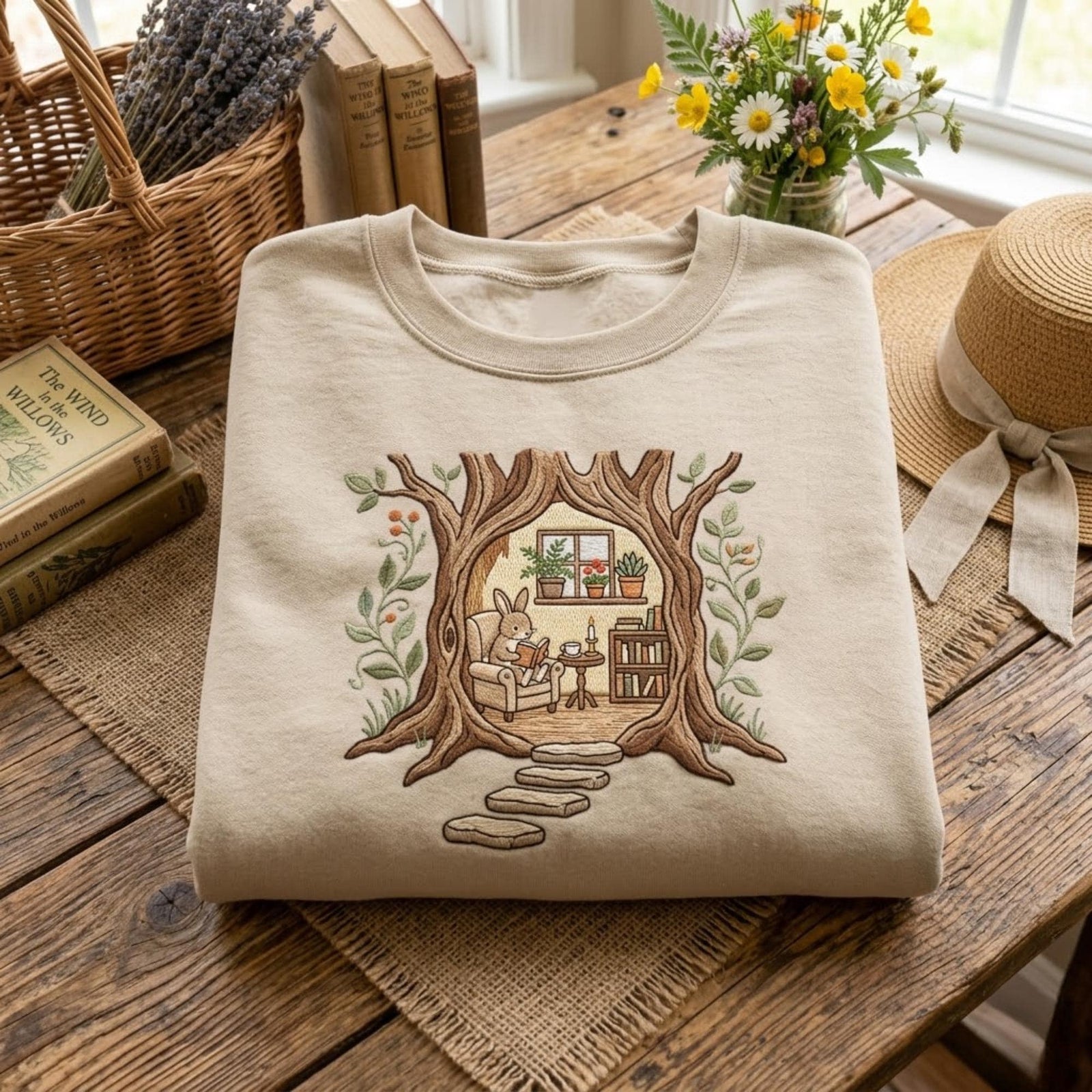 Cottagecore Bunny Sweatshirt Reading Nook Tree House Embroidery Aesthetic Vintage Rabbit Cozy Forest Animal Shirt Nature Lover Gift