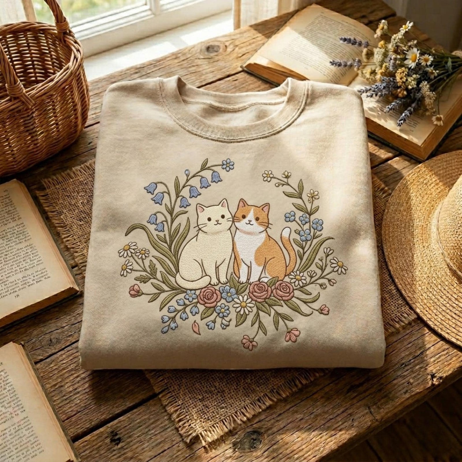 Cottagecore Cat Embroidered Sweatshirt Floral Cats Woodland Aesthetic Cute Animal Cozy Outfit Gift for Her Nature Lover Style