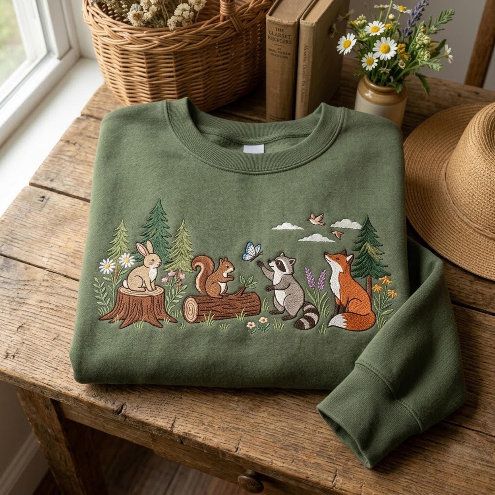 Woodland Animal Embroidered Sweatshirt Cottagecore Forest Bunny Fox Raccoon Squirrel Floral Nature Cute Cozy Gift For Women Fall Outfit