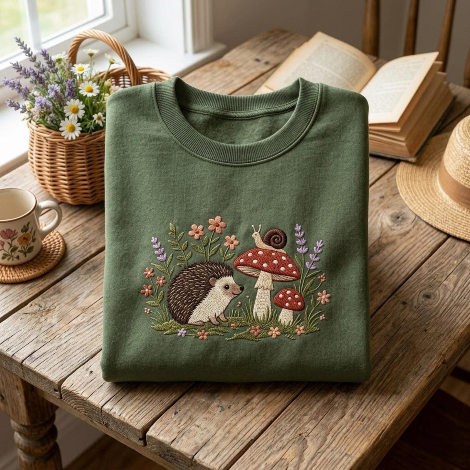 Hedgehog Embroidered Sweatshirt Cottagecore Mushroom Snail Floral Forest Animal Cozy Fall Aesthetic Gift For Women Cute Nature Outfit