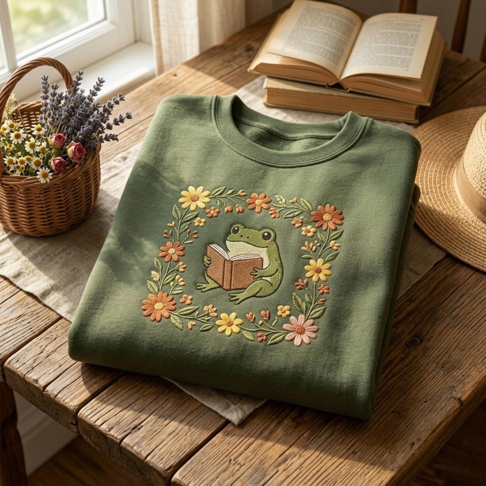 Frog Reading Book Embroidered Sweatshirt Cottagecore Floral Wreath Animal Cozy Fall Aesthetic Gift For Women Book Lover Outfit