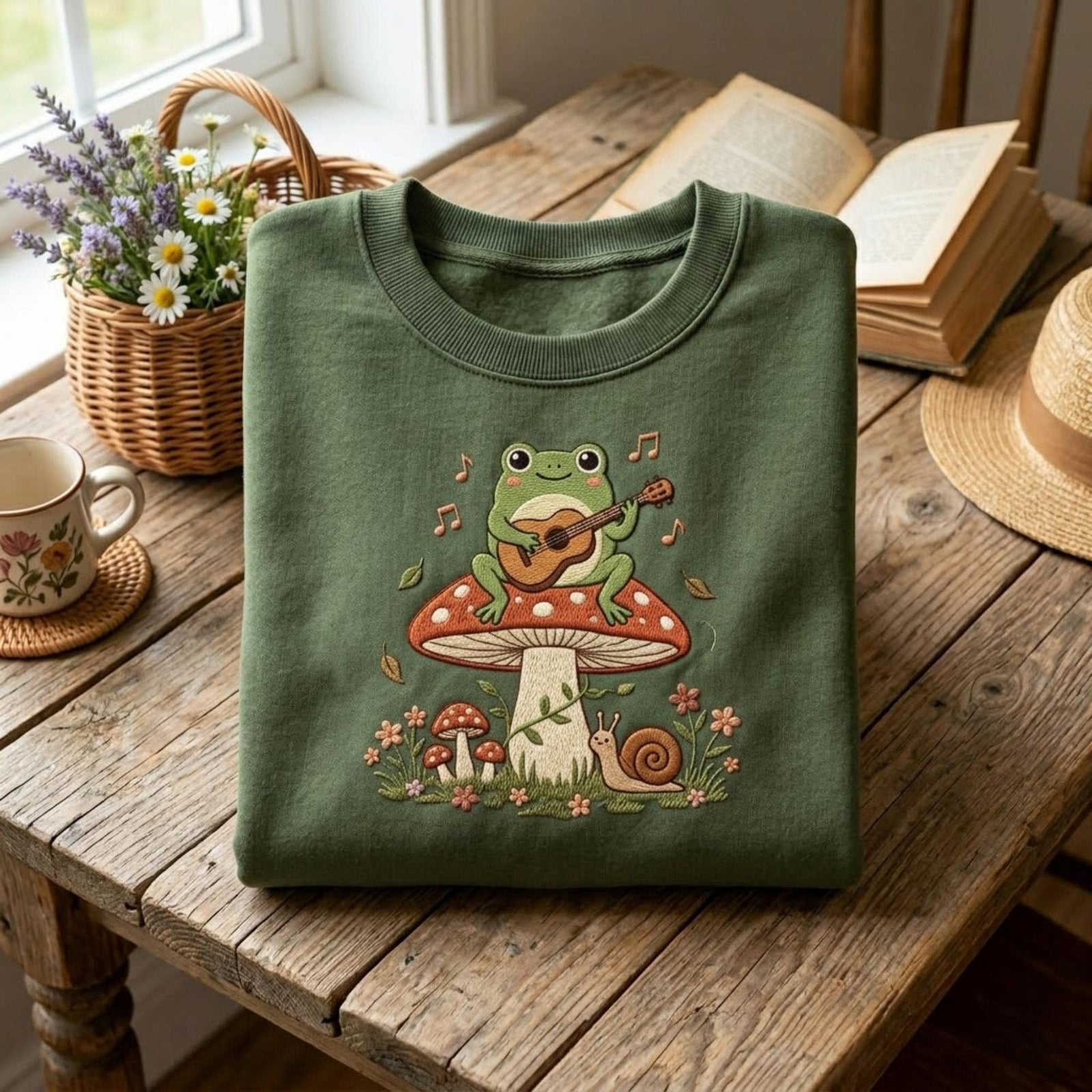 Frog Playing Guitar Embroidered Sweatshirt Cottagecore Mushroom Snail Floral Forest Animal Cozy Fall Aesthetic Gift For Women Outfit