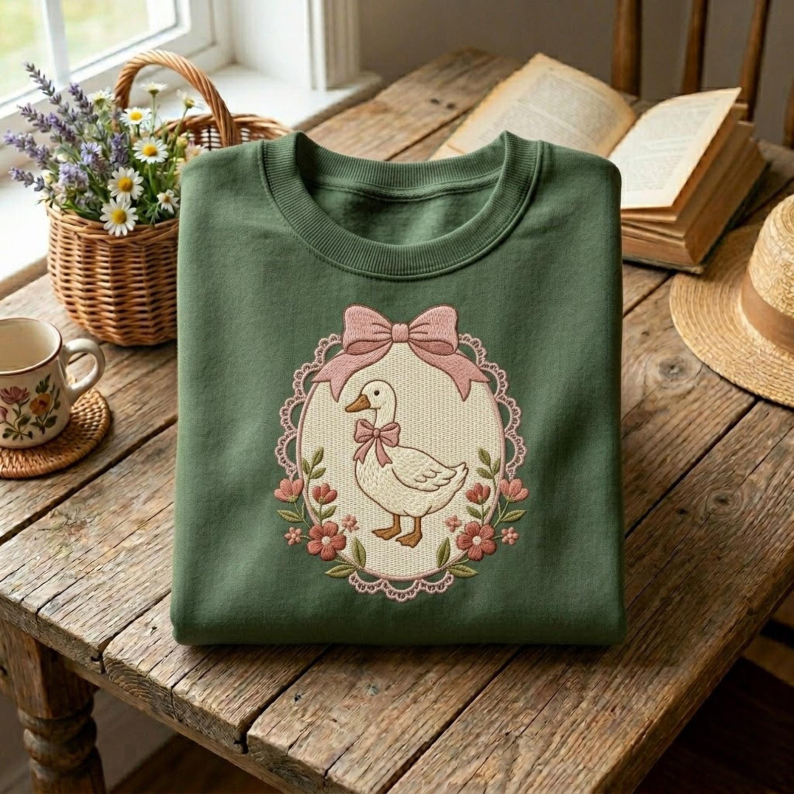 Duck Embroidered Sweatshirt Cottagecore Bow Floral Wreath Farm Animal Cute Cozy Fall Aesthetic Gift For Women Vintage Outfit