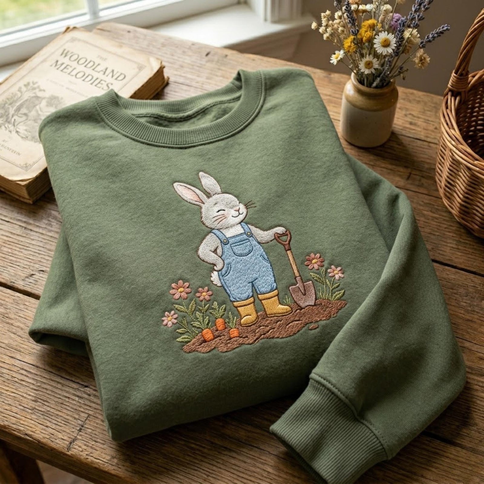 Bunny Gardening Embroidered Sweatshirt Cottagecore Rabbit Floral Garden Farm Animal Cozy Fall Aesthetic Gift For Women Outfit