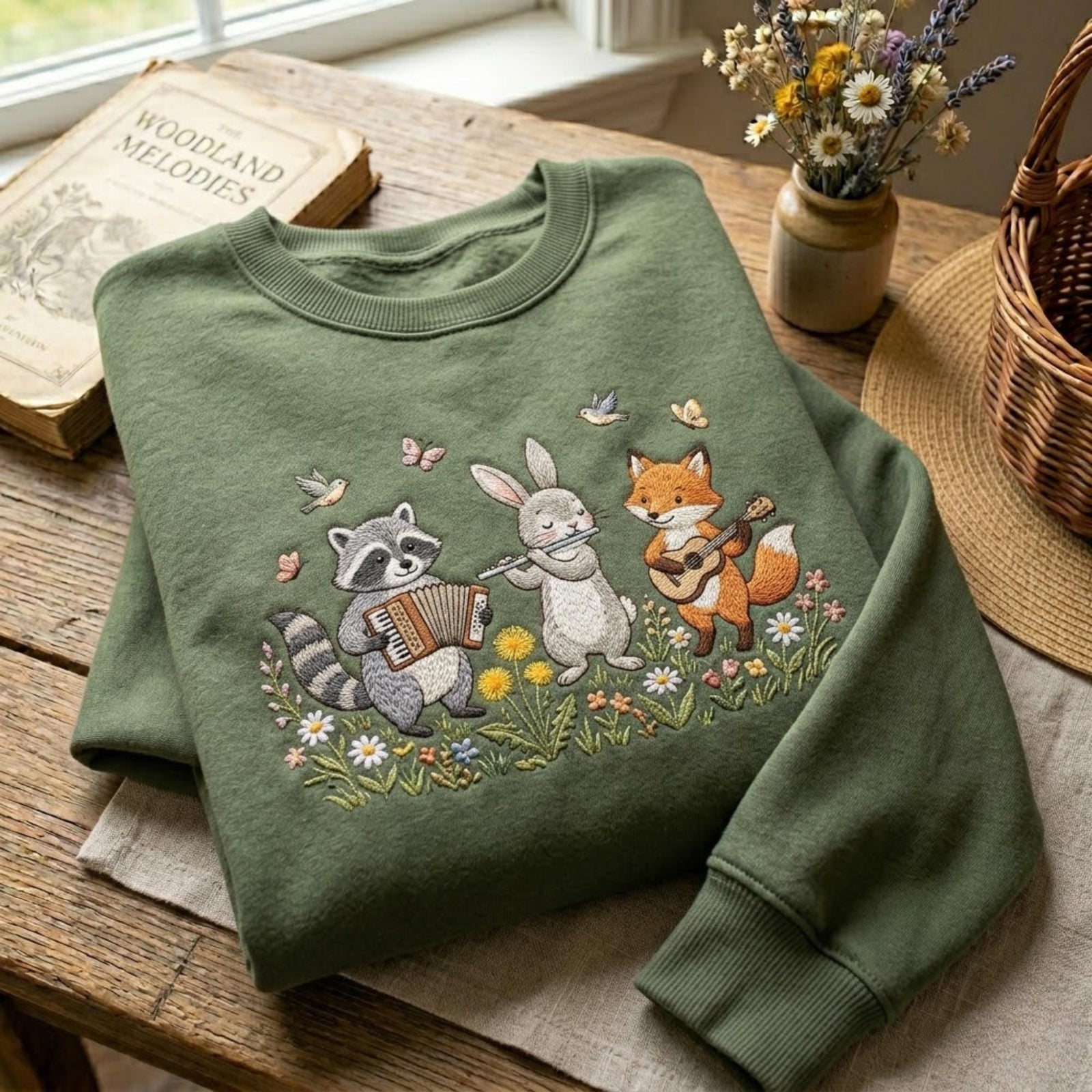 Woodland Animal Music Embroidered Sweatshirt Cottagecore Bunny Fox Raccoon Floral Forest Band Cozy Fall Aesthetic Gift For Women Outfit