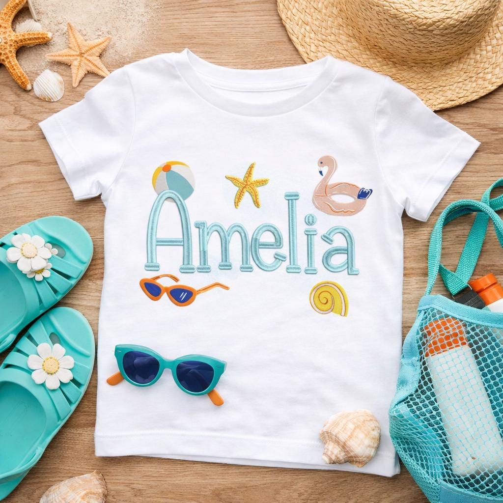 Build Your Own Summer Name Embroidery Design,Set of 5 Beach Icons + Font Bundle, Personalized Kids Baby Gift (BX Included, Instant Download)