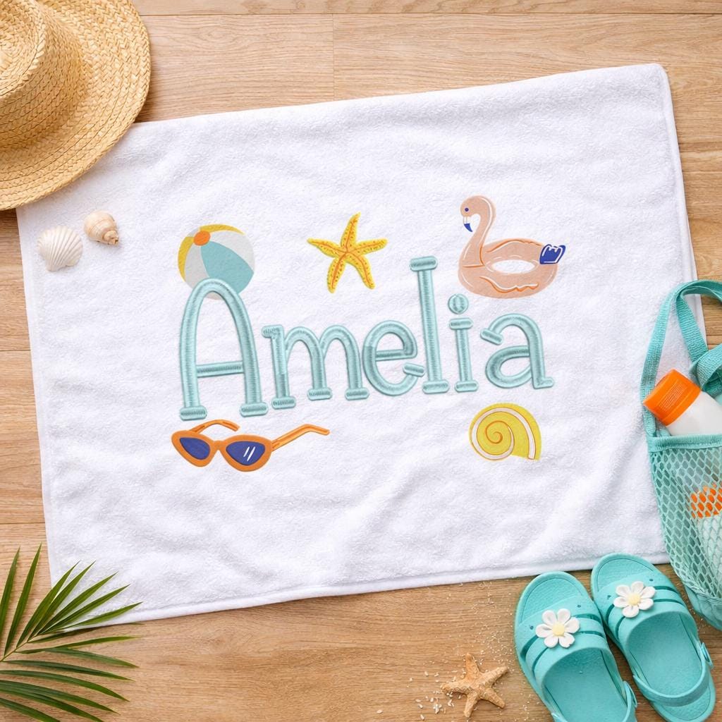 Build Your Own Summer Name Embroidery Design,Set of 5 Beach Icons + Font Bundle, Personalized Kids Baby Gift (BX Included, Instant Download)
