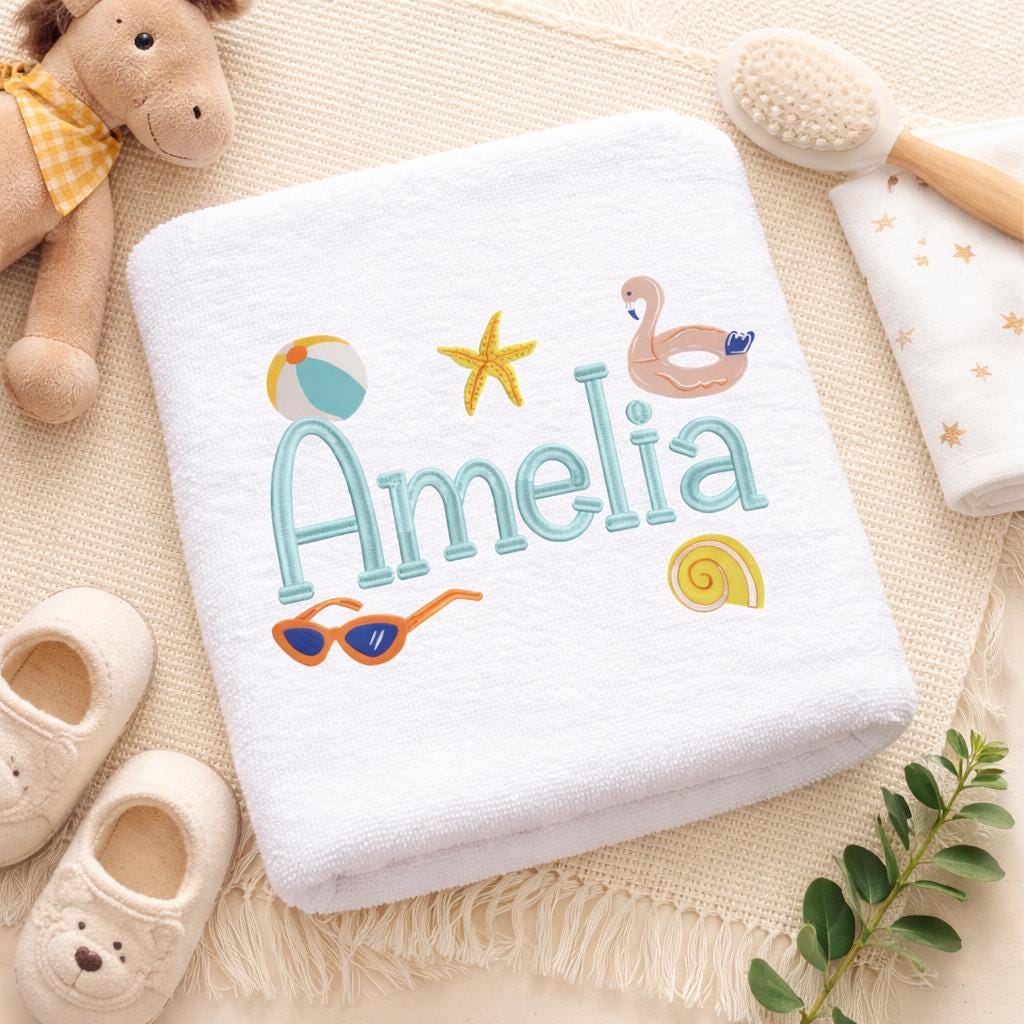Build Your Own Summer Name Embroidery Design,Set of 5 Beach Icons + Font Bundle, Personalized Kids Baby Gift (BX Included, Instant Download)