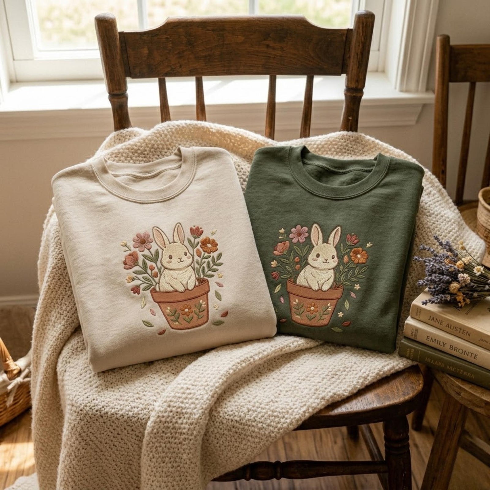 Cottagecore Bunny Embroidered Sweatshirt Floral Rabbit Design Cute Animal Aesthetic Cozy Vintage Nature Lover Gift Outfit