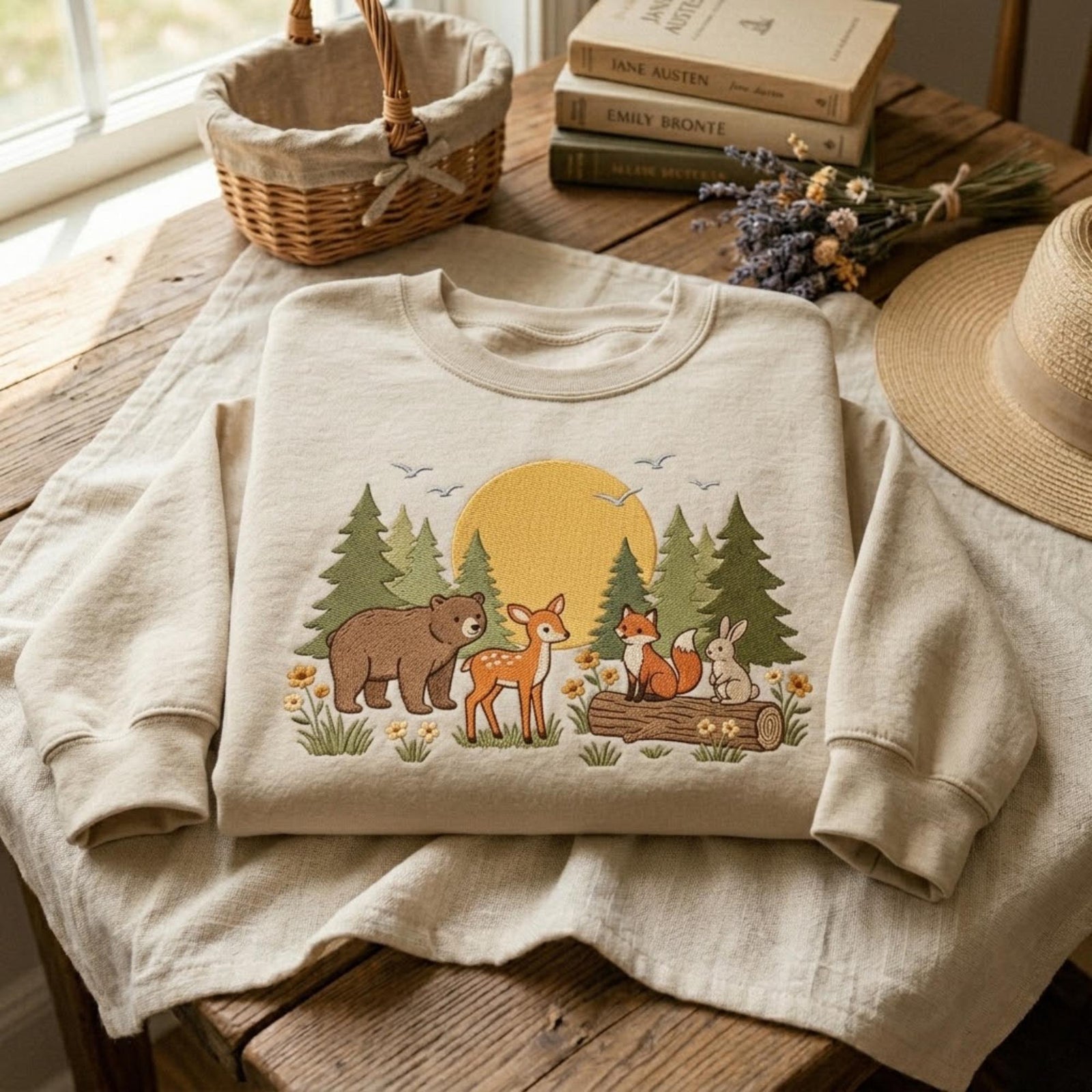 Cottagecore Woodland Animal Embroidered Sweatshirt Bear Deer Fox Bunny Forest Design Vintage Aesthetic Cozy Nature Lover Gift