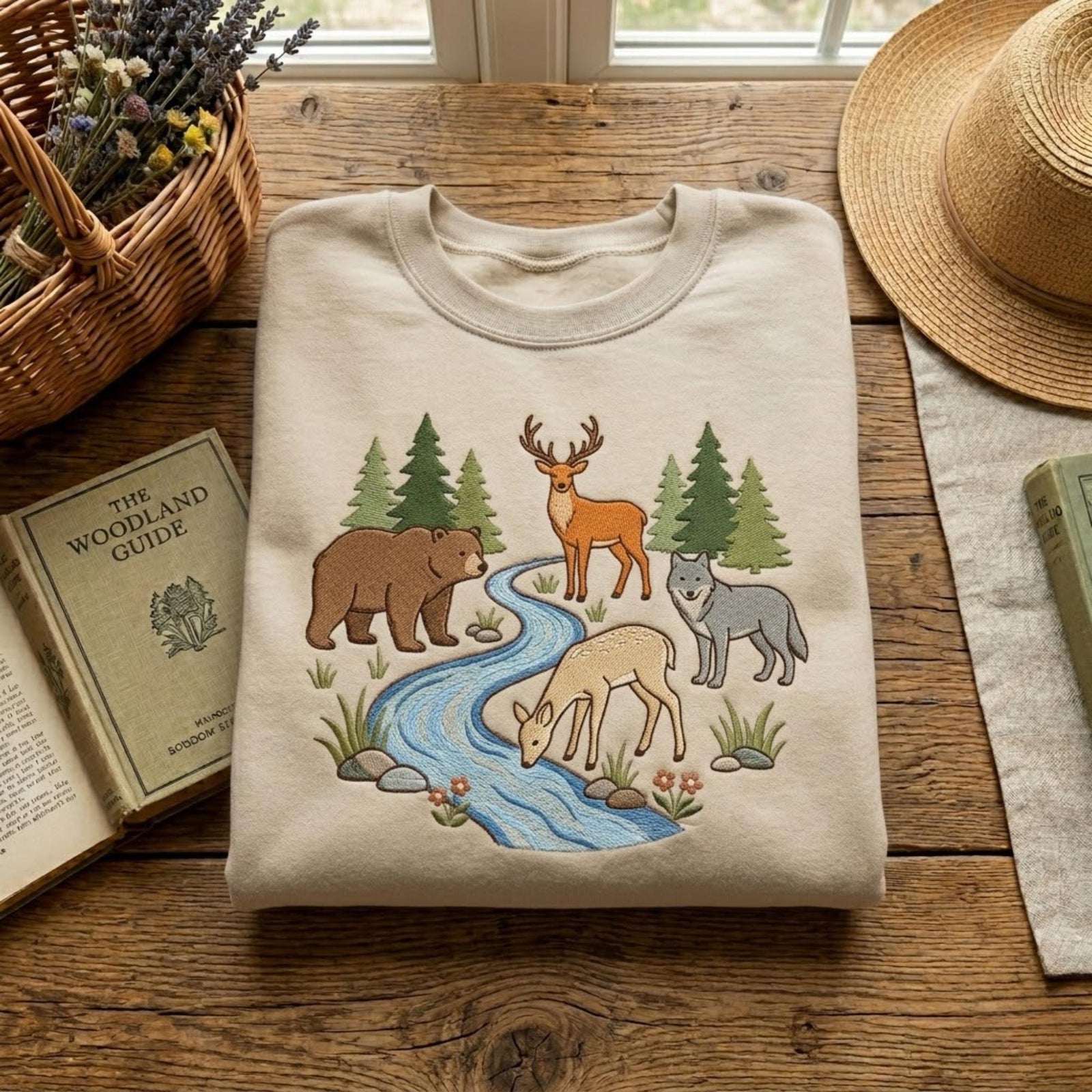 Cottagecore Woodland Animal Embroidered Sweatshirt Bear Deer Wolf Forest River Scene Vintage Aesthetic Cozy Nature Lover Gift