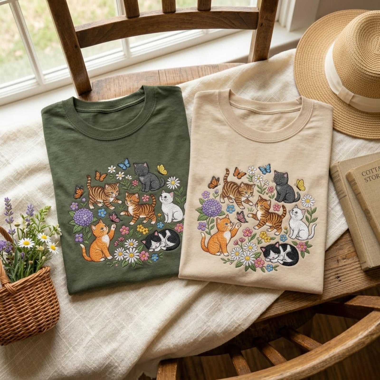 Floral Cat Embroidered Sweatshirt Cute Kitten Crewneck Cottagecore Animal Shirt Vintage Aesthetic Cat Lover Gift Cozy Outfit