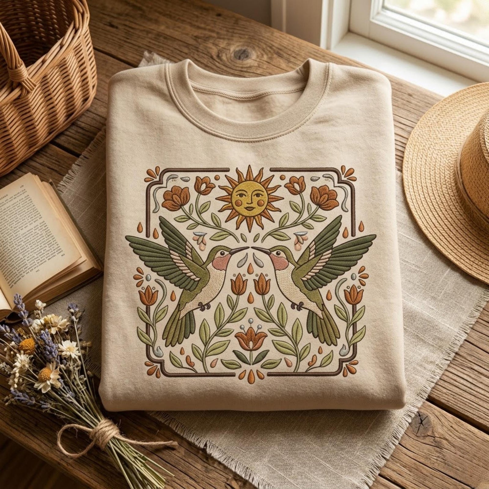 Floral Hummingbird Embroidered Sweatshirt Bird Crewneck Cottagecore Nature Shirt Vintage Aesthetic Sun Gift For Her