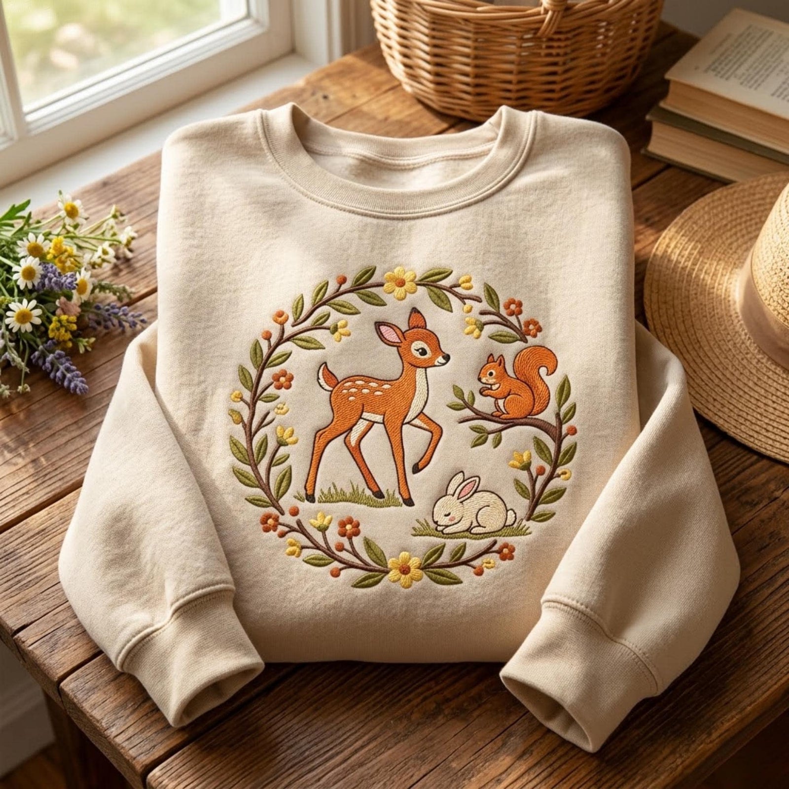 Embroidered Deer Sweatshirt Woodland Animal Crewneck Cottagecore Forest Bunny Squirrel Floral Embroidery Shirt Cute Gift