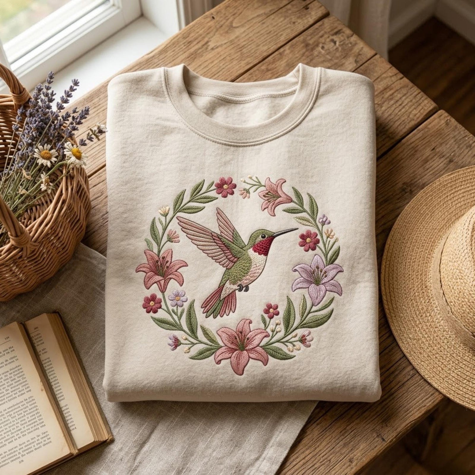 Hummingbird Embroidered Sweatshirt Ruby Throated Bird Crewneck Floral Wreath Shirt Nature Lover Gift For Her Aesthetic Botanical Boho Cloth