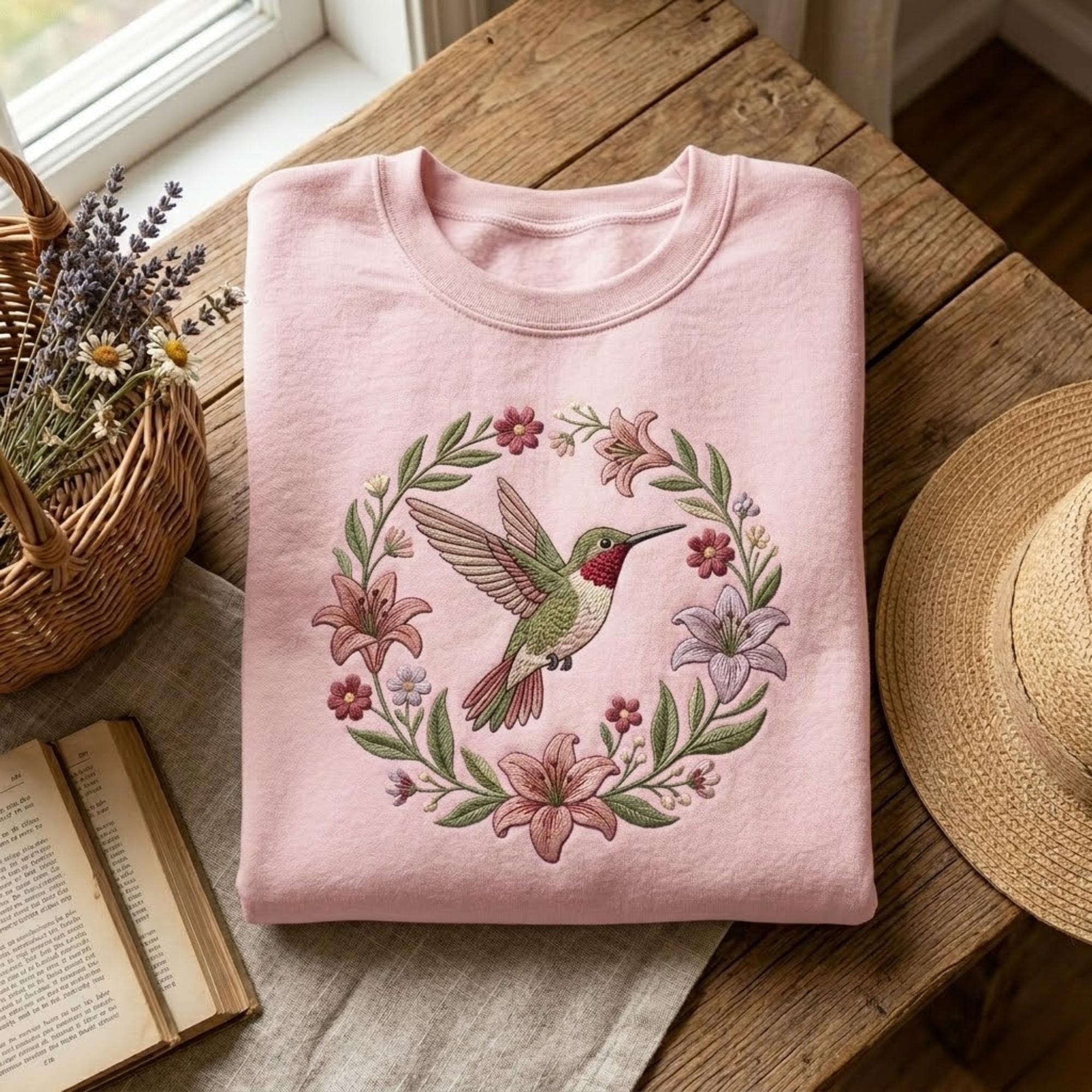 Hummingbird Embroidered Sweatshirt Ruby Throated Bird Crewneck Floral Wreath Shirt Nature Lover Gift For Her Aesthetic Botanical Boho Cloth