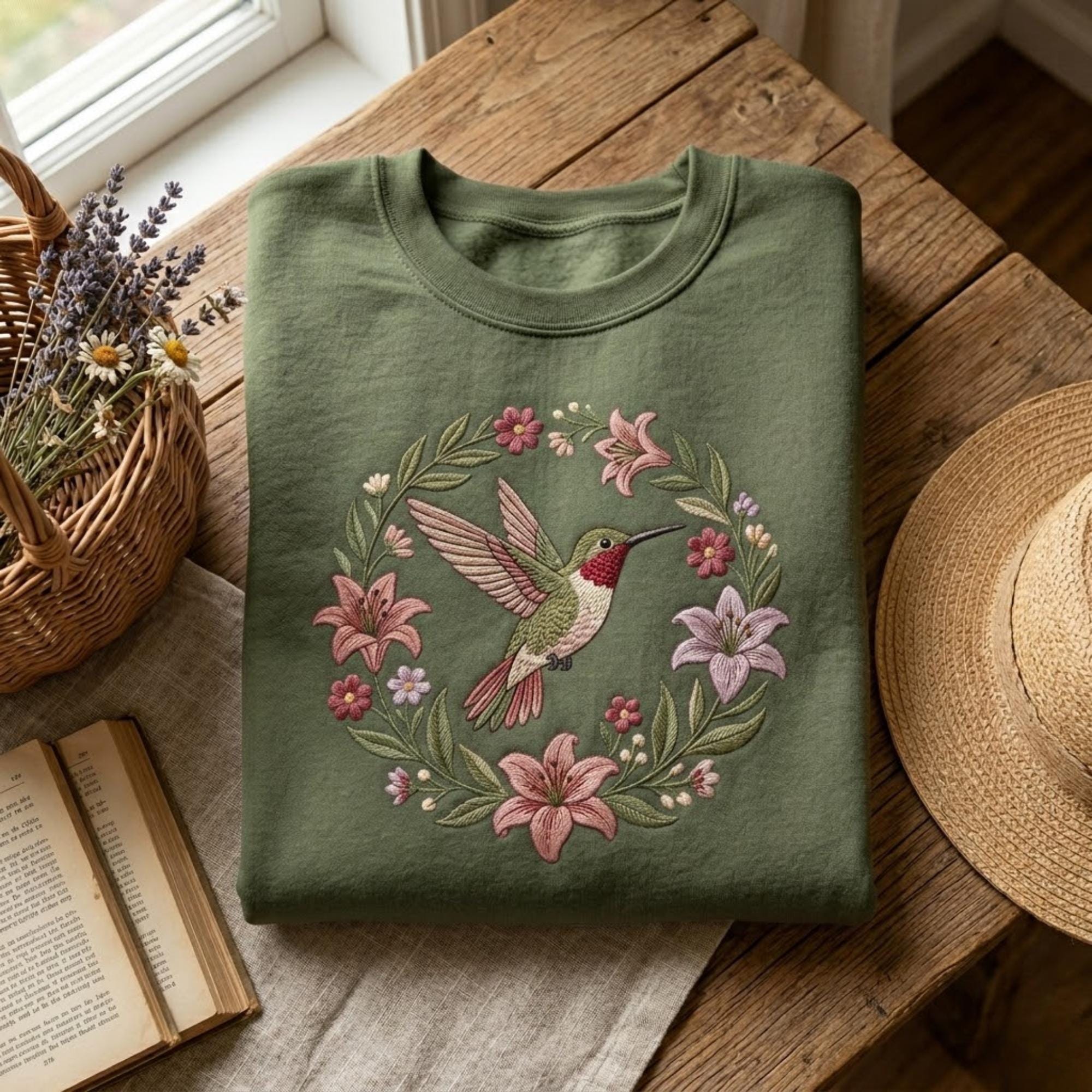 Hummingbird Embroidered Sweatshirt Ruby Throated Bird Crewneck Floral Wreath Shirt Nature Lover Gift For Her Aesthetic Botanical Boho Cloth