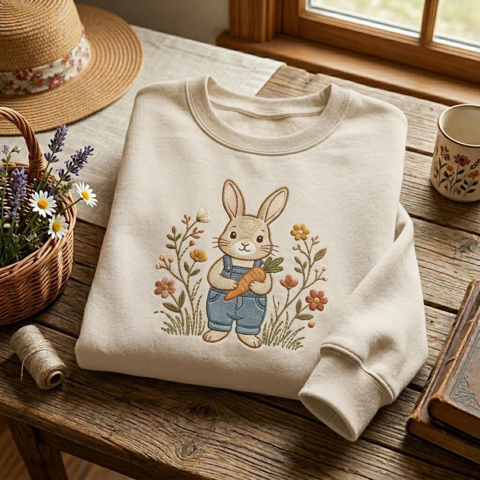 Cute Bunny Embroidered Sweatshirt Cottagecore Rabbit Floral Crewneck Spring Aesthetic Nature Lover Gift Cozy Vintage Style Unisex Pullover
