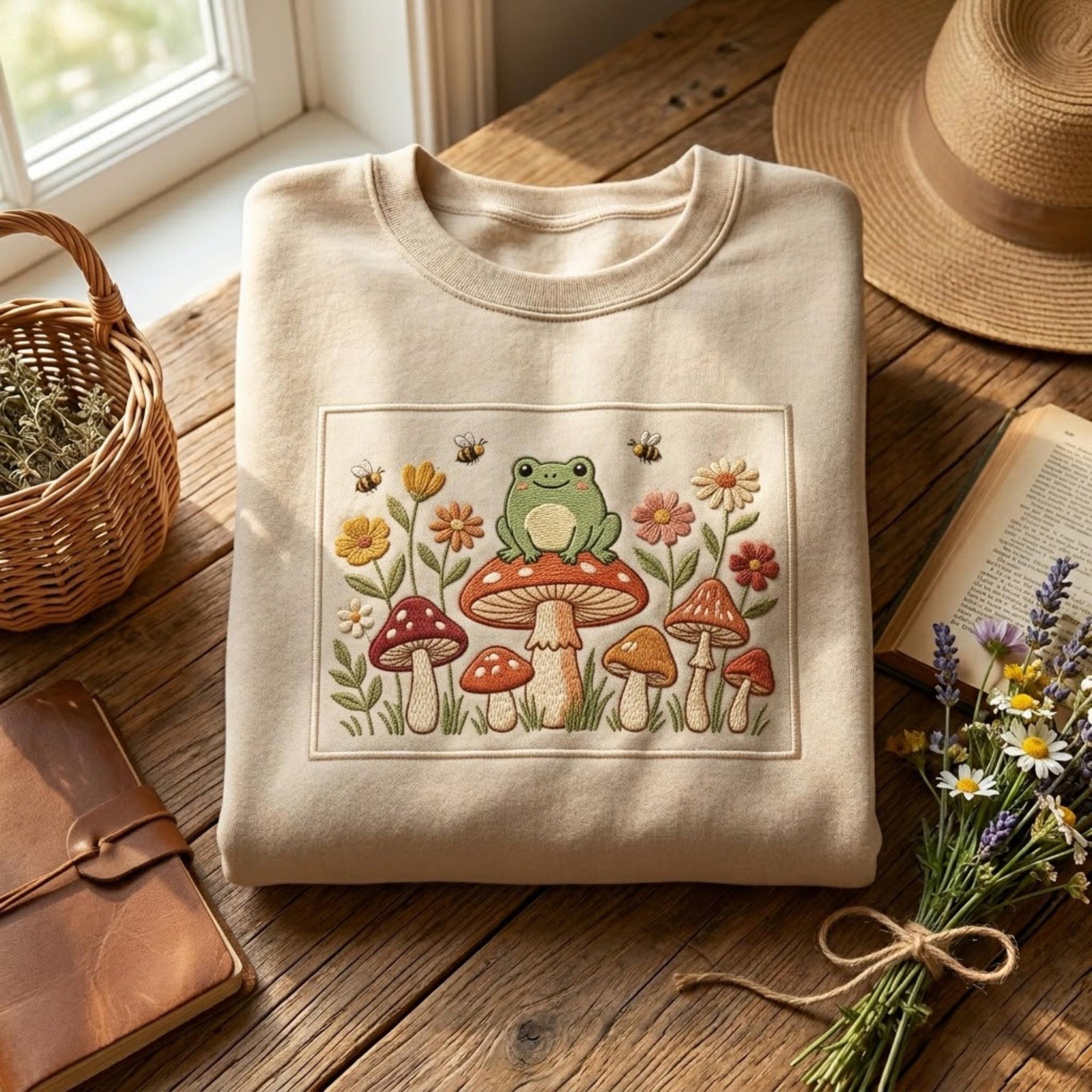 Cute Frog Embroidered Sweatshirt Cottagecore Mushroom Floral Crewneck Nature Lover Gift Vintage Aesthetic Cozy Unisex Pullover Shirt