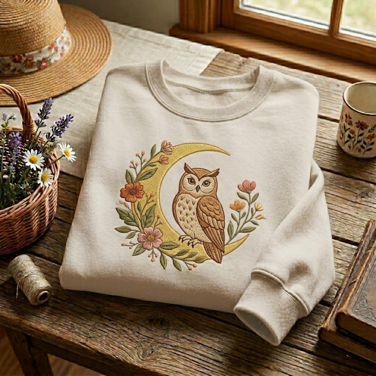 Floral Owl Embroidered Sweatshirt Cottagecore Moon Crewneck Nature Lover Gift Vintage Aesthetic Cozy Fall Forest Animal Unisex Pullover