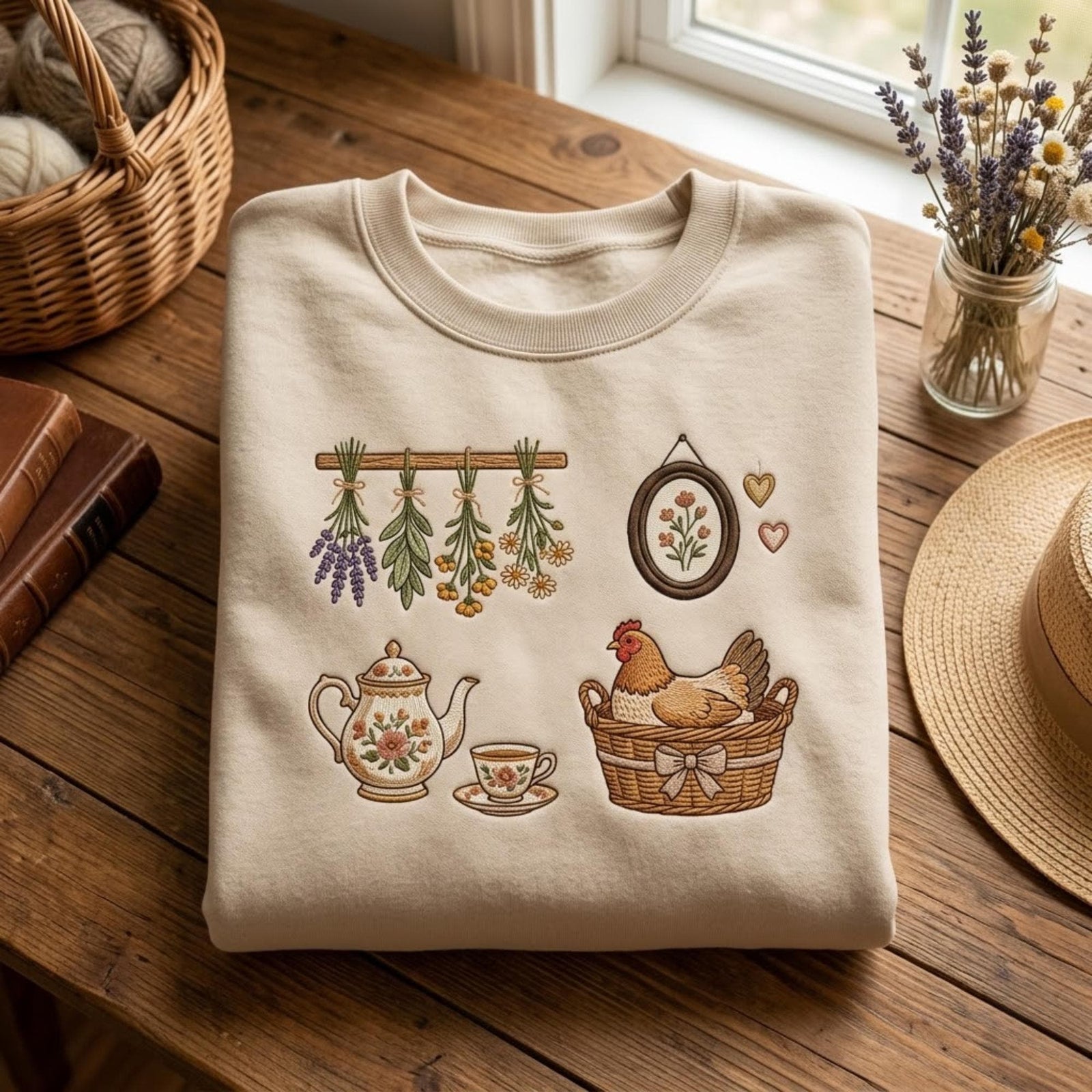 Chicken Embroidered Sweatshirt Cottagecore Tea Floral Design Crewneck Farmhouse Aesthetic Gift for Her Vintage Cozy Country Unisex Pullover