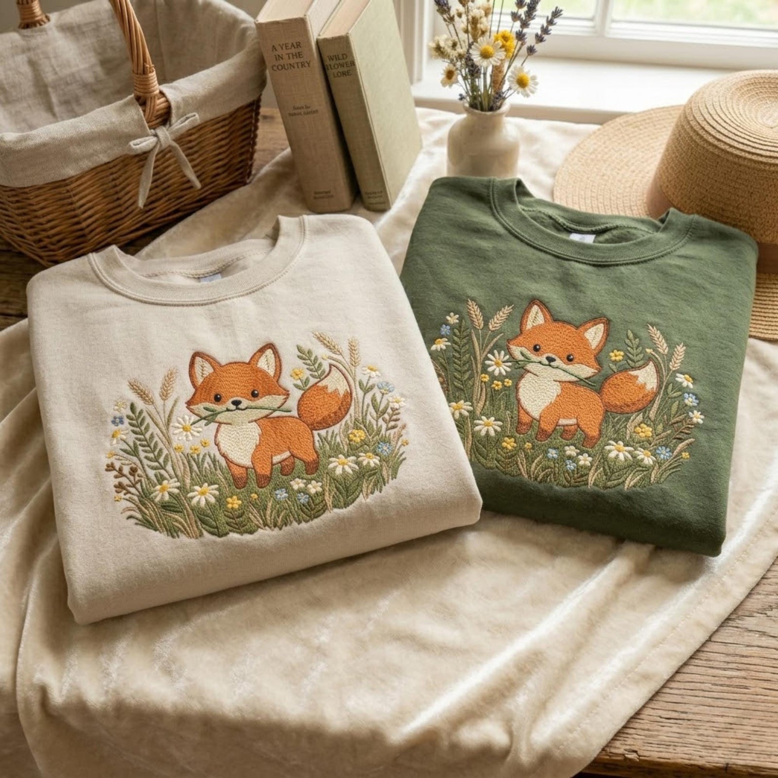 Cute Fox Embroidered Sweatshirt Cottagecore Animal Shirt Floral Forest Design Vintage Aesthetic Nature Lover Gift Cozy Unisex Outfit