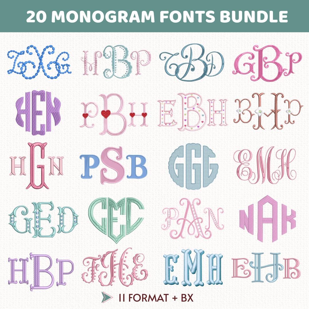 20 Embroidery Monogram Fonts Bundle: Chain, Bean, Satin Stitch, Heart Applique, Pearls, Satin Stitch  Fishtail Monogram,  BX + 11 formats