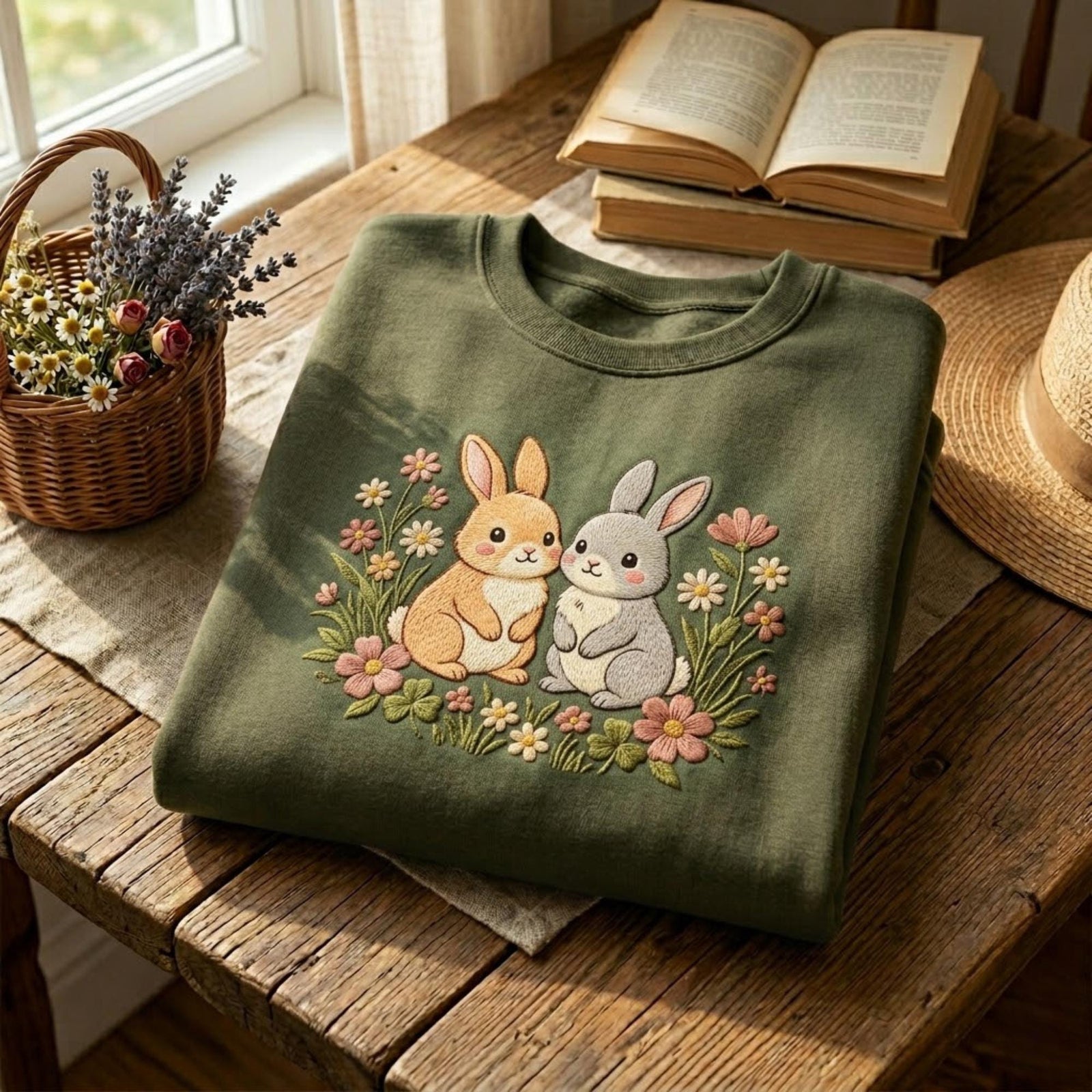 Bunny Couple Embroidered Sweatshirt Cottagecore Rabbit Floral Garden Animal Cute Cozy Fall Aesthetic Gift For Women Outfit