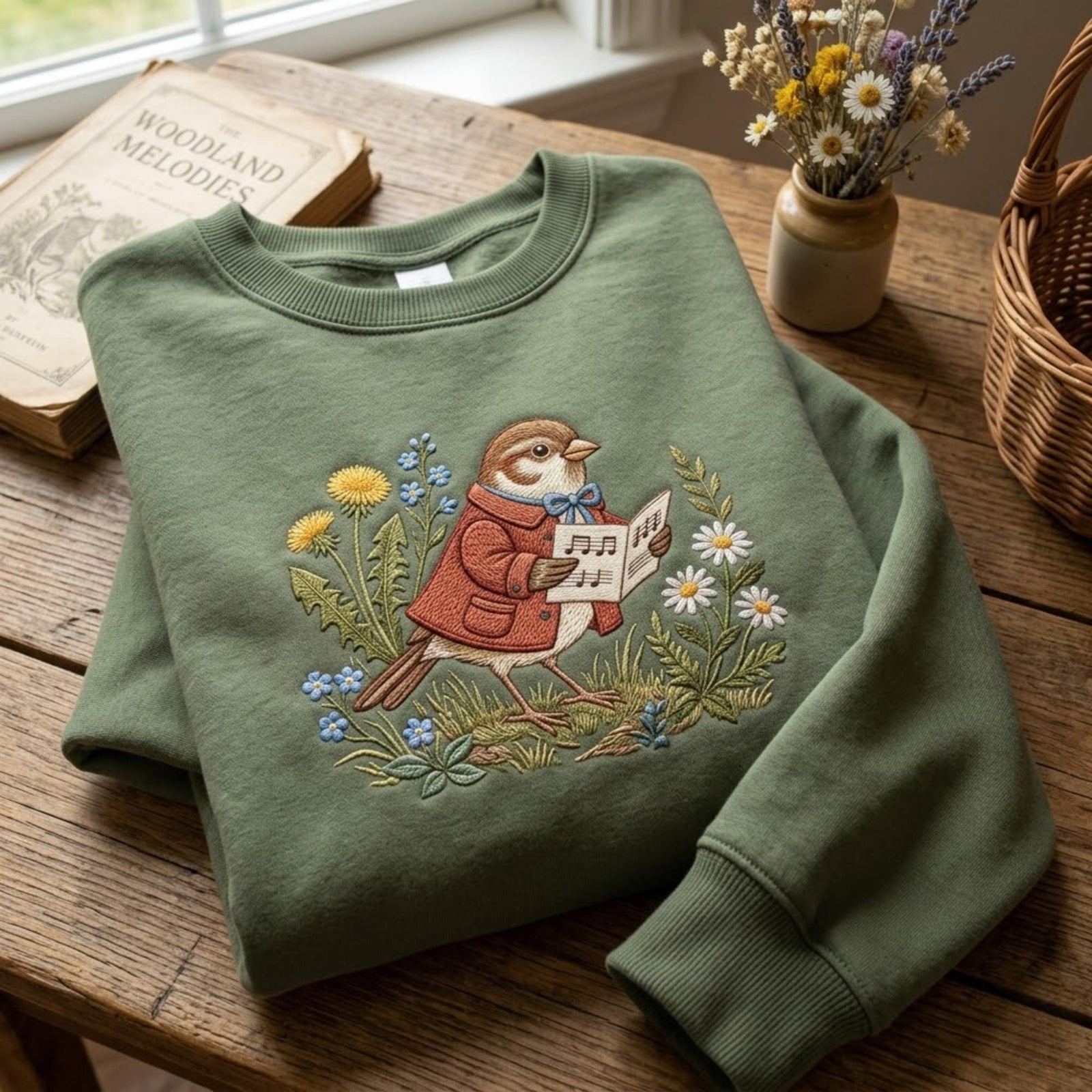 Bird Reading Book Embroidered Sweatshirt Cottagecore Floral Garden Animal Cozy Fall Aesthetic Gift For Women Book Lover Outfit