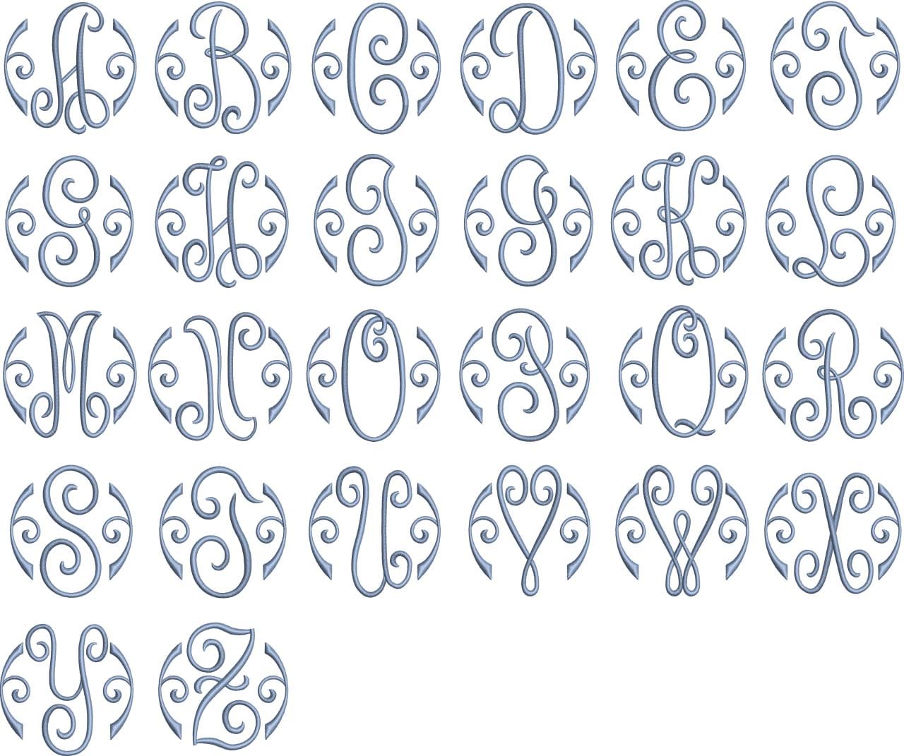Circle Monogram Embroidery Font, Fishtail Monogram with Frame Embroidery Design, BX Font (Digital Download), 5 sizes, 11 formats