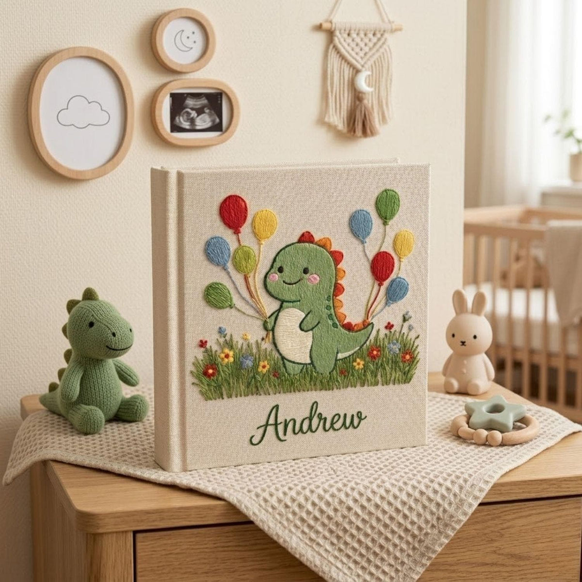Personalized Baby Photo Album, Hand Embroidered Dinosaur Memory Book, Custom Name Keepsake, Woodland Nursery Gift, Newborn, Baby Shower Gift