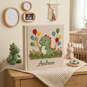 Personalized Baby Photo Album, Hand Embroidered Dinosaur Memory Book, Custom Name Keepsake, Woodland Nursery Gift, Newborn, Baby Shower Gift