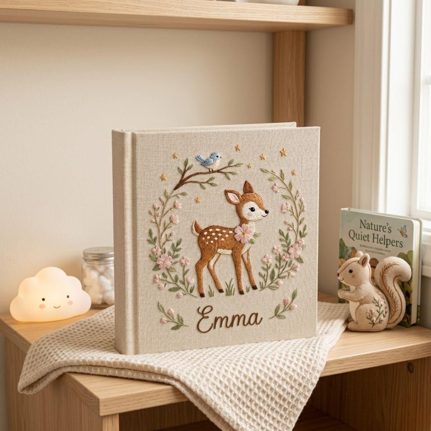 Personalized Baby Photo Album, Hand Embroidered Deer Memory Book, Custom Name Keepsake, Woodland Nursery Gift, Baby Shower Gift for Newborns