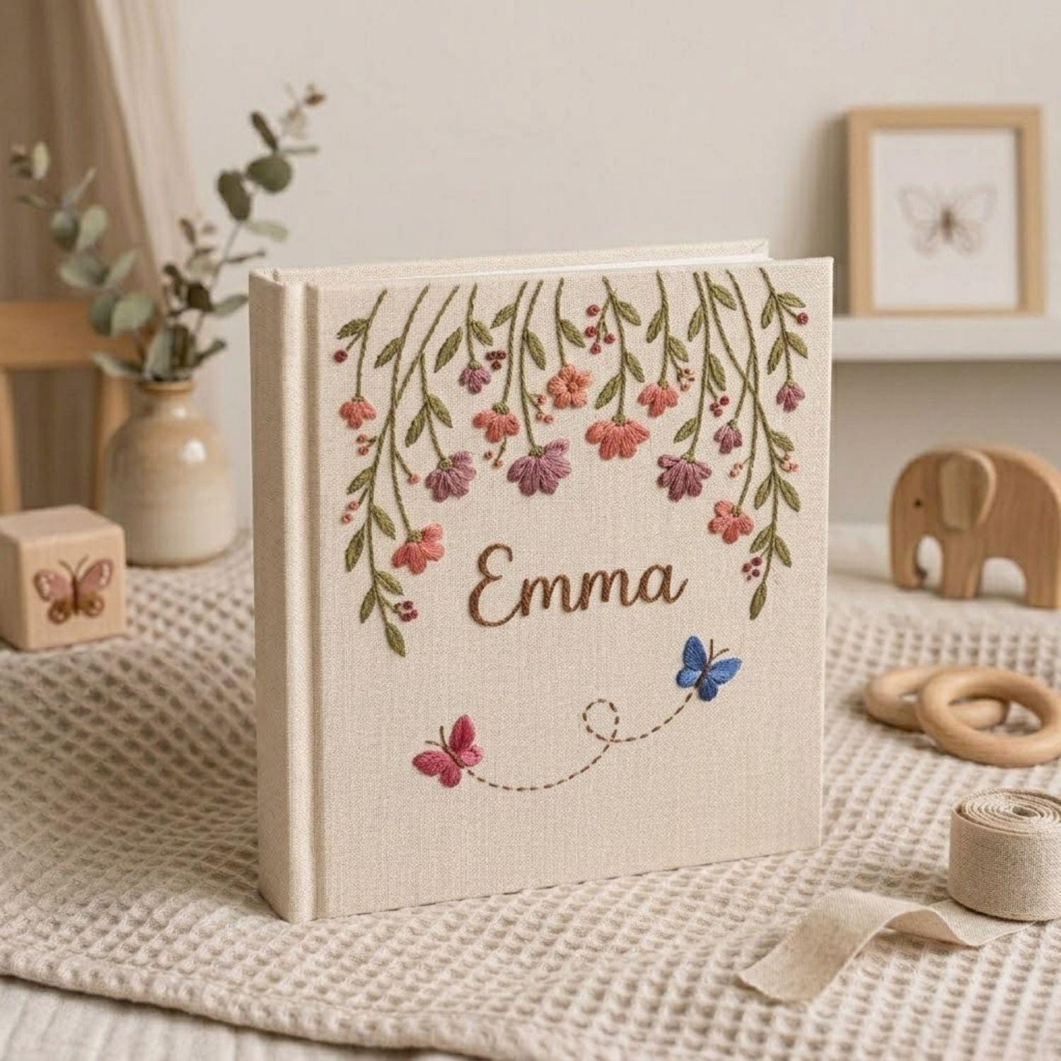 Custom Hand Embroidered Baby Photo Album, Personalized Floral Baby Memory Book, Butterfly Nursery Keepsake, Baby Shower Gift