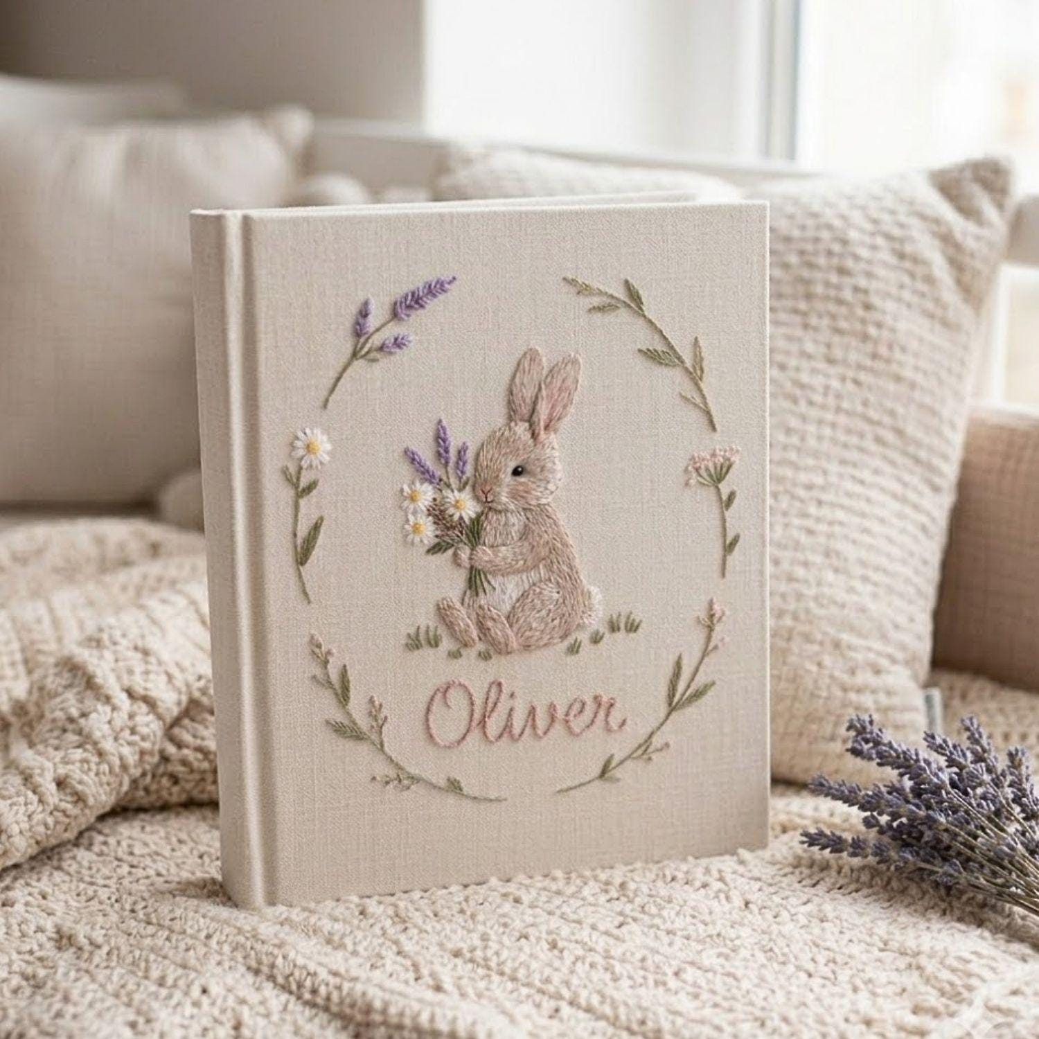 Custom Hand Embroidered Baby Photo Album, Personalized Bunny Memory Book, Newborn Keepsake Gift, Nursery Decor Album, Handmade Baby Keepsake
