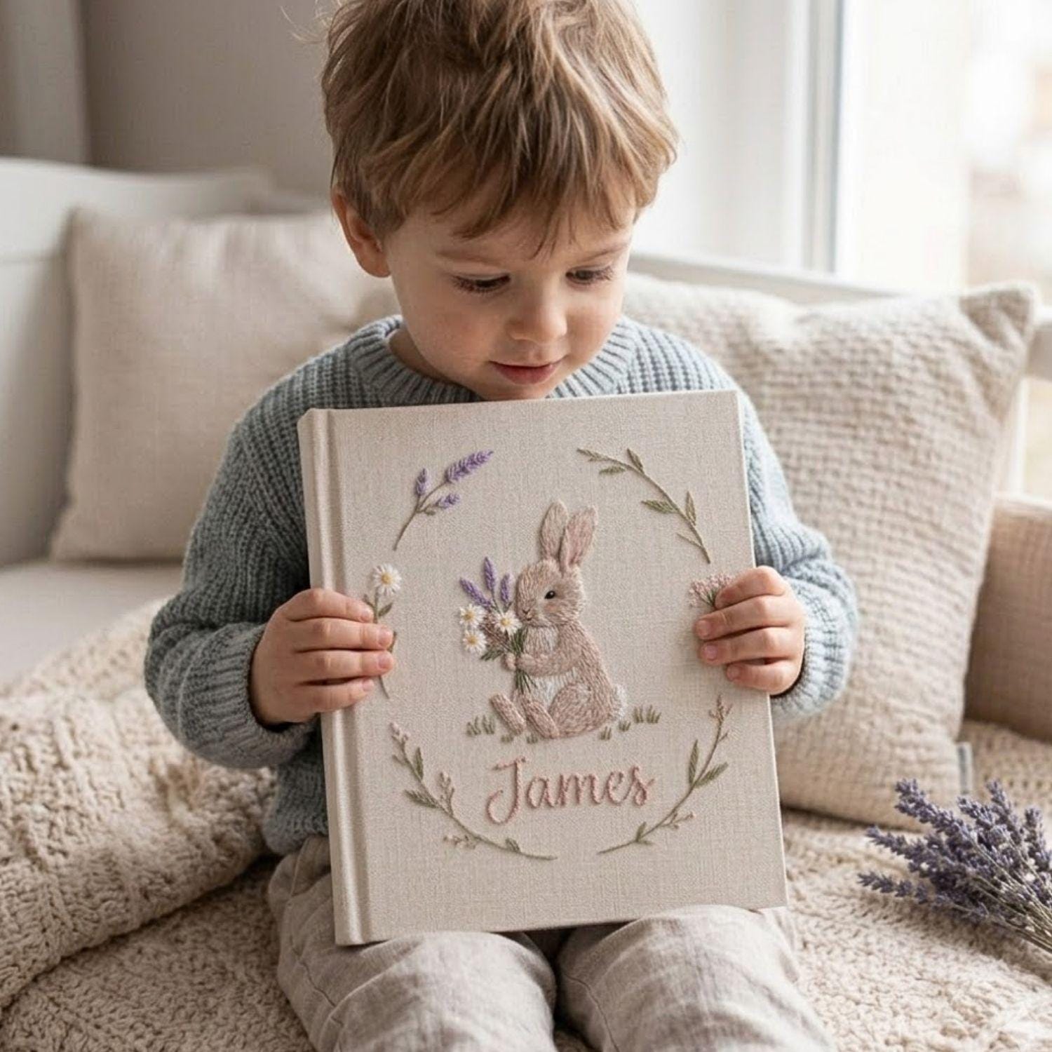 Custom Hand Embroidered Baby Photo Album, Personalized Bunny Memory Book, Newborn Keepsake Gift, Nursery Decor Album, Handmade Baby Keepsake