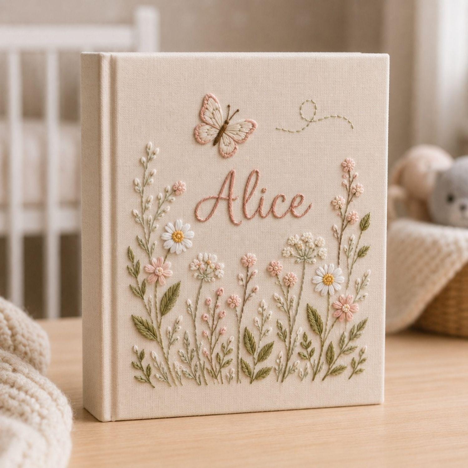 Hand Embroidered Baby Photo Album, Personalized Name Albums, Floral Butterfly Nursery Keepsake, Newborn Memory Book, Baby Shower Gifts Ideas