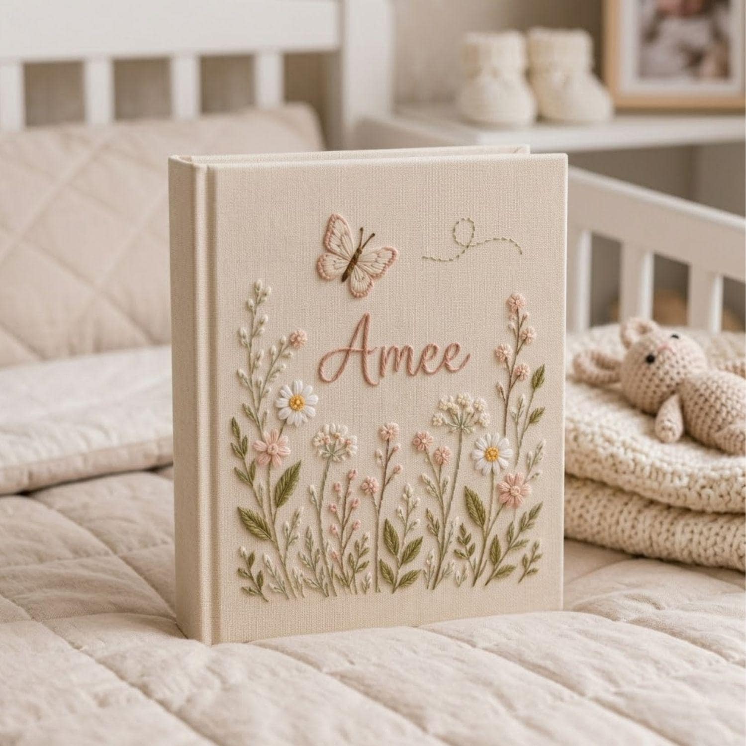 Hand Embroidered Baby Photo Album, Personalized Name Albums, Floral Butterfly Nursery Keepsake, Newborn Memory Book, Baby Shower Gifts Ideas