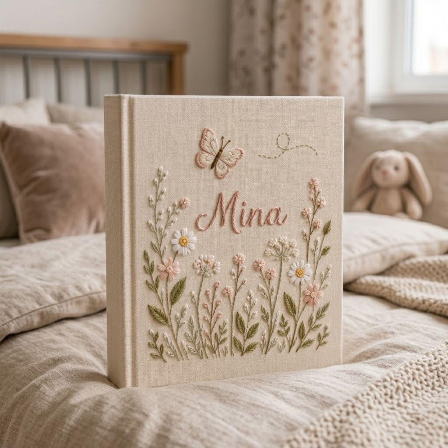 Hand Embroidered Baby Photo Album, Personalized Name Albums, Floral Butterfly Nursery Keepsake, Newborn Memory Book, Baby Shower Gifts Ideas