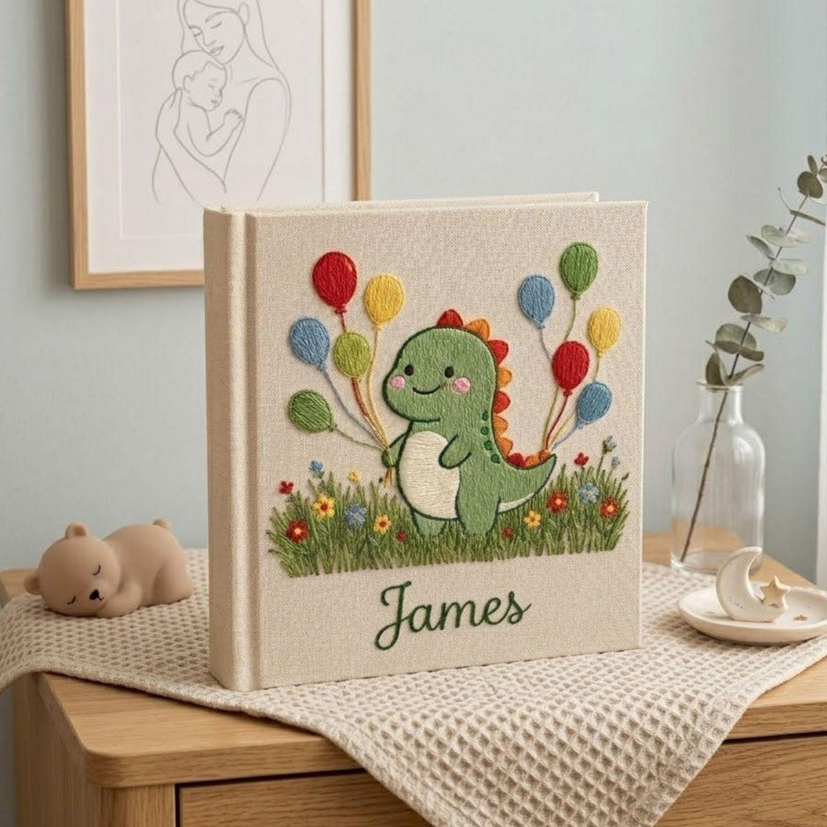 Personalized Baby Photo Album, Hand Embroidered Dinosaur Memory Book, Custom Name Keepsake, Woodland Nursery Gift, Newborn, Baby Shower Gift