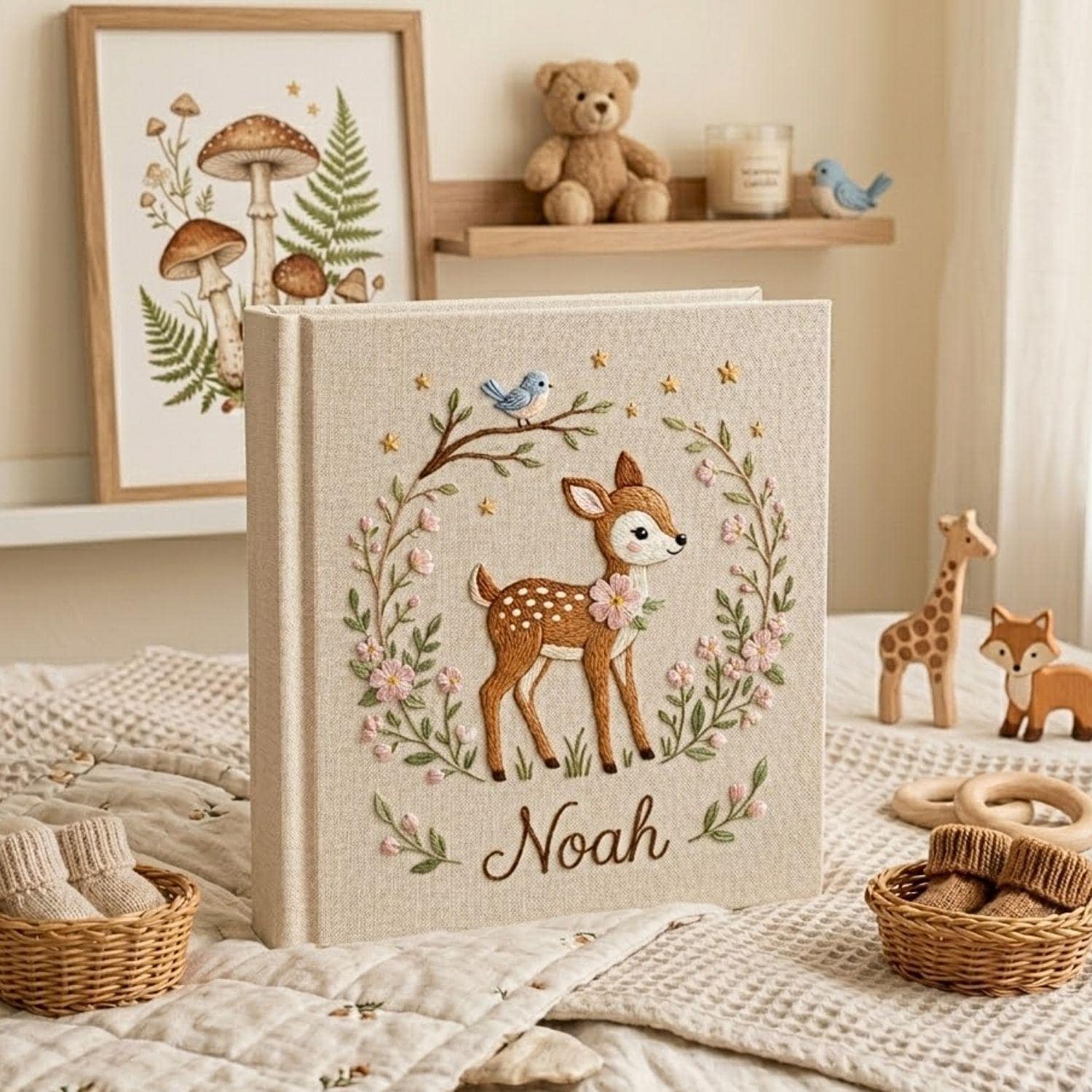 Personalized Baby Photo Album, Hand Embroidered Deer Memory Book, Custom Name Keepsake, Woodland Nursery Gift, Baby Shower Gift for Newborns