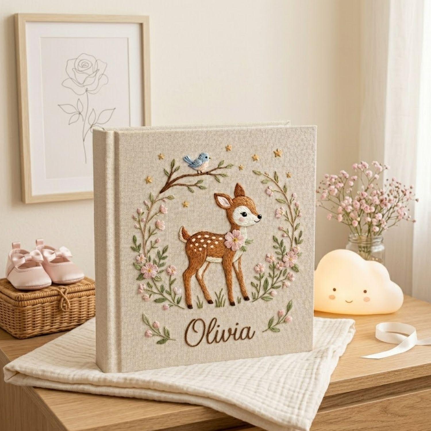 Personalized Baby Photo Album, Hand Embroidered Deer Memory Book, Custom Name Keepsake, Woodland Nursery Gift, Baby Shower Gift for Newborns