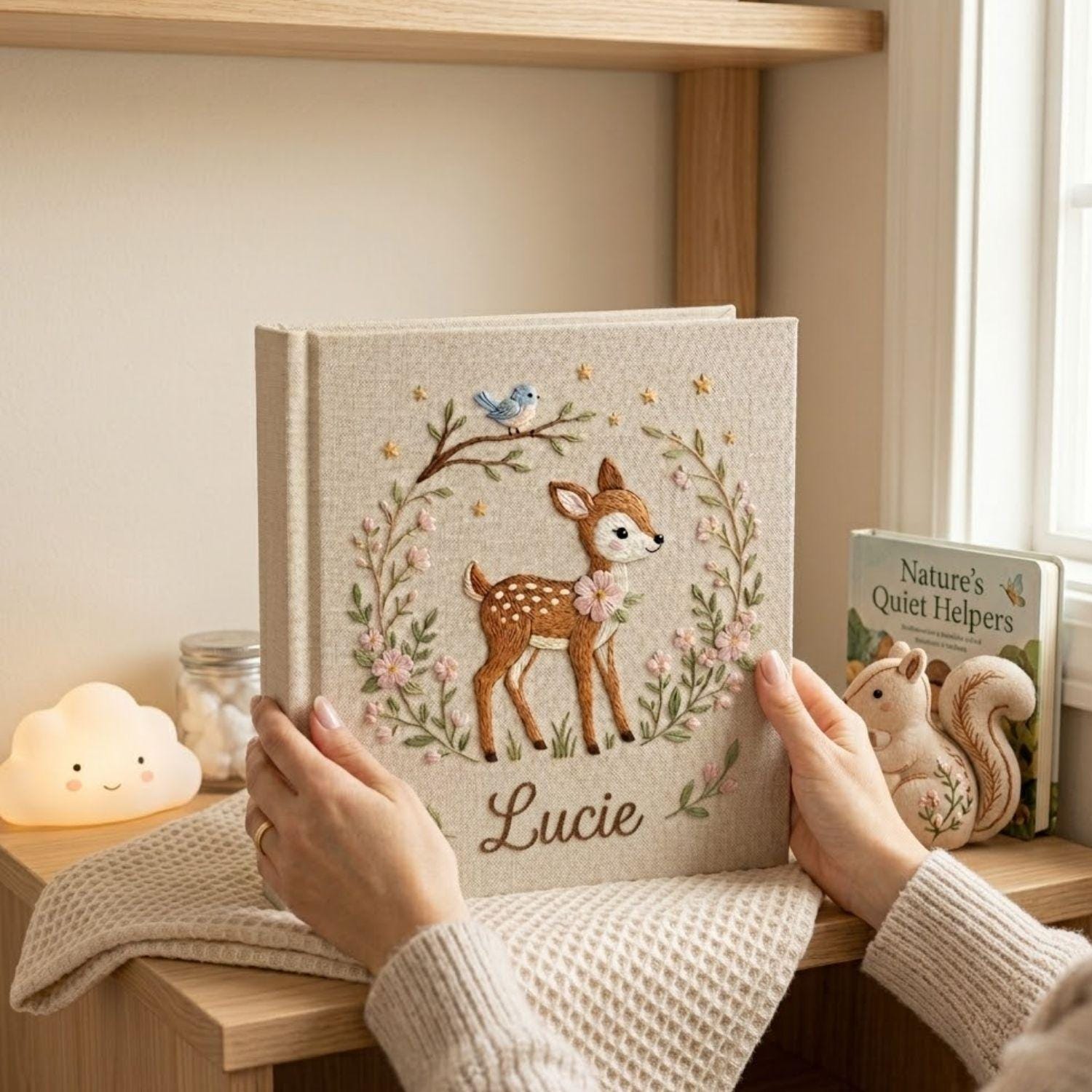 Personalized Baby Photo Album, Hand Embroidered Deer Memory Book, Custom Name Keepsake, Woodland Nursery Gift, Baby Shower Gift for Newborns