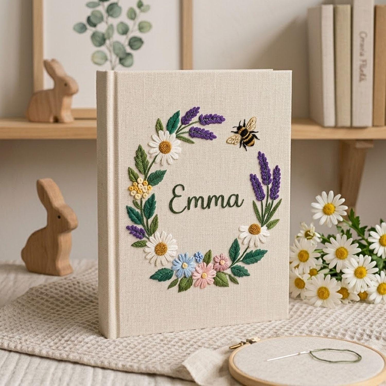 Custom Hand Embroidered Baby Photo Album, Personalized Daisy Baby Memory Book, Floral Nursery Keepsake, Baby Shower Gift Idea